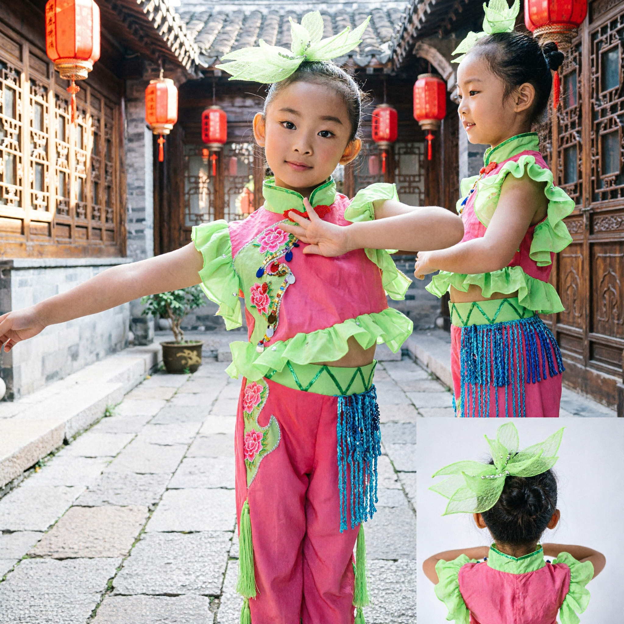 Traditional Chinese Yangge Dance Costume for Kids Girls Pink Green Stage Performance Outfit with Headpiece - Asian Costume