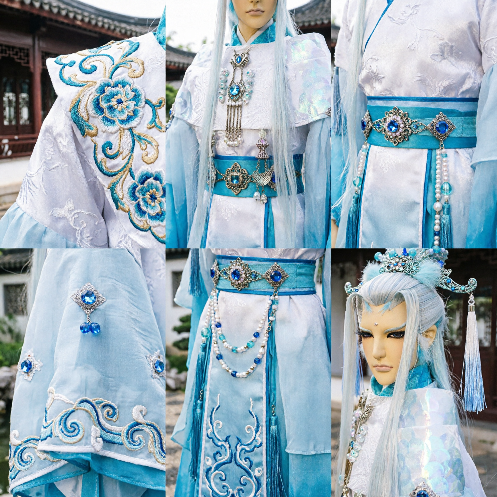 Exquisite Xianxia Fantasy BJD Doll Costume Set with White Wig and Blue Headdress for Collectors and Cosplay - Asian Costume