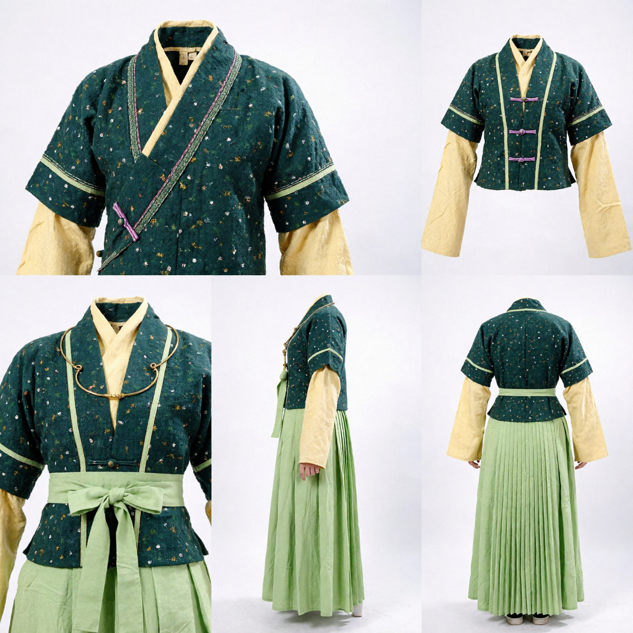 Traditional Chinese Hanfu Costume for Women Green Patterned Jacket Yellow Sleeves Ancient Clothing for Performance - Asian Costume