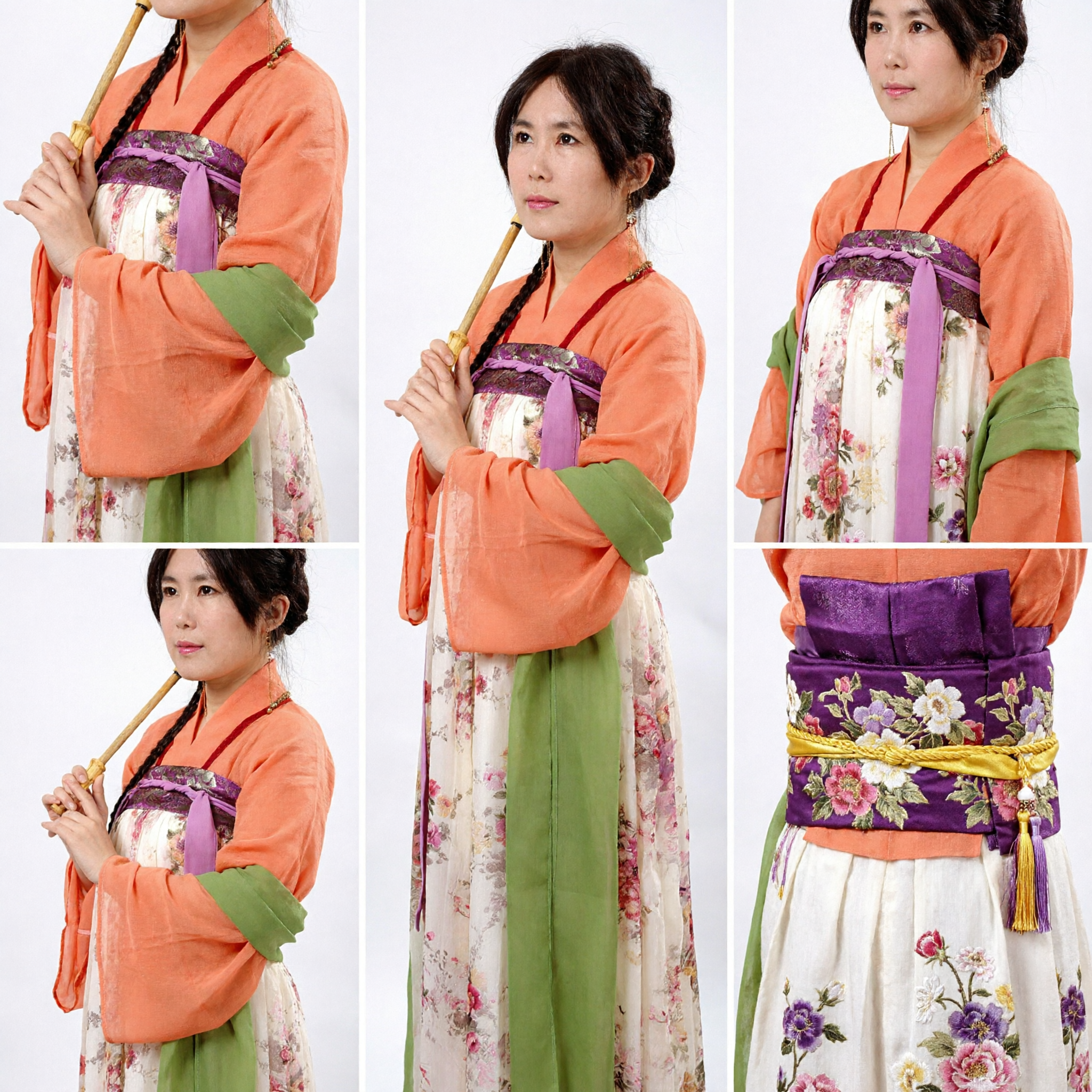 Traditional Chinese Hanfu Costume for Women Ancient Tang Dynasty Style Orange Ruqun Floral Skirt Set for Photography - Asian Costume