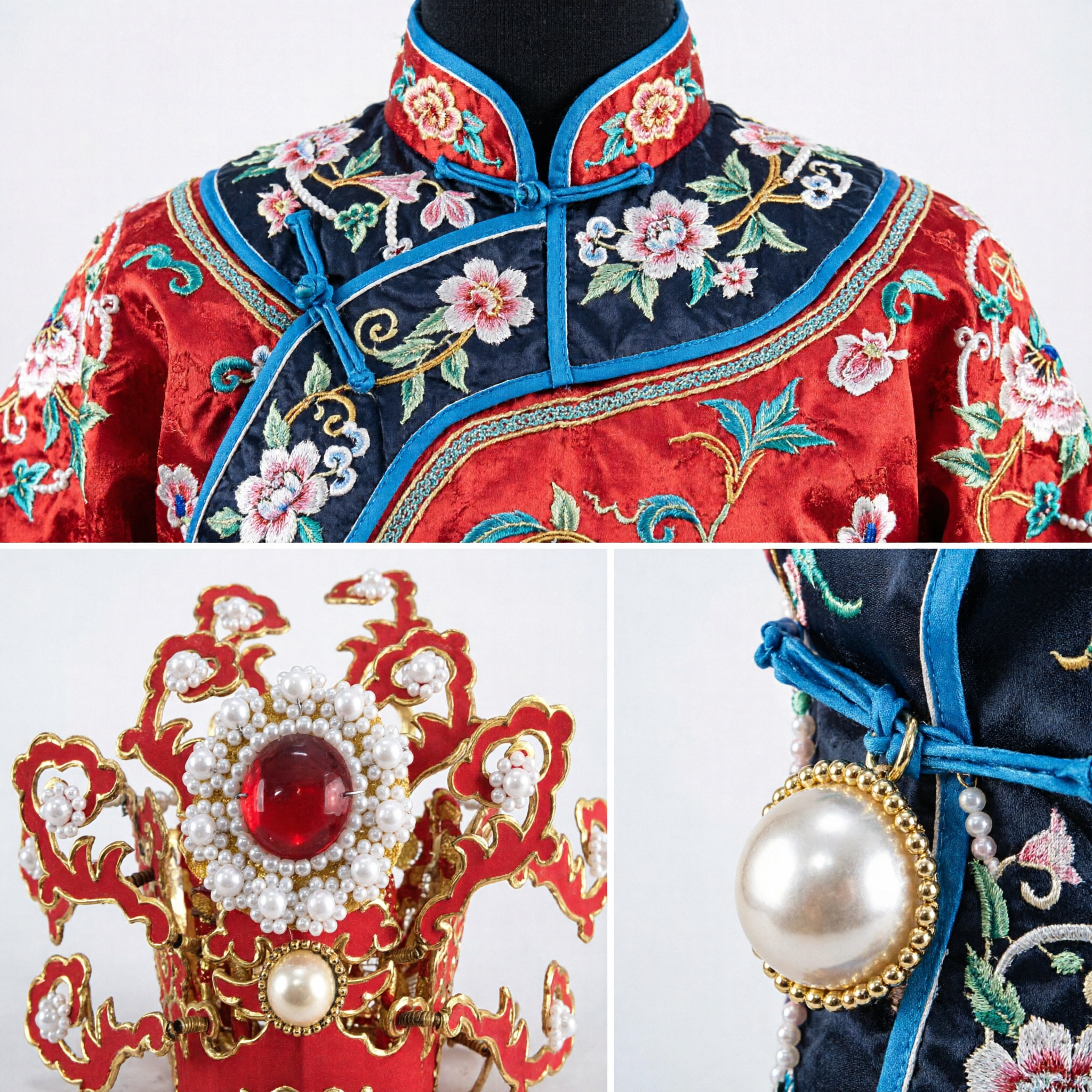 Traditional Chinese Red Imperial Crown Gold Pearl Headdress Ancient Empress Wedding Headpiece for Hanfu and Stage Performance - Asian Costume