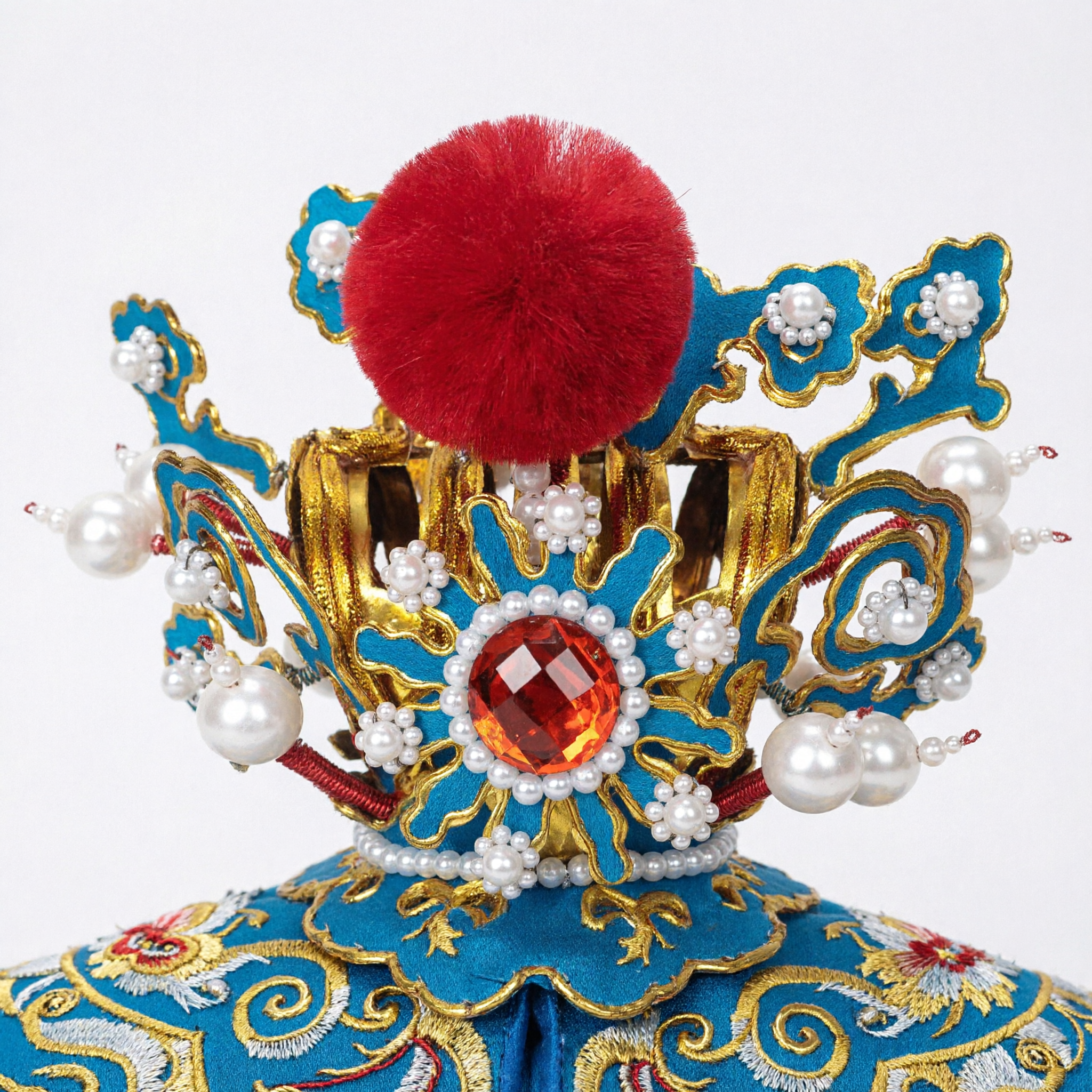 Traditional Chinese Opera Headdress with Red Pom Pom and Pearls for Beijing Opera Performance Costume - Asian Costume