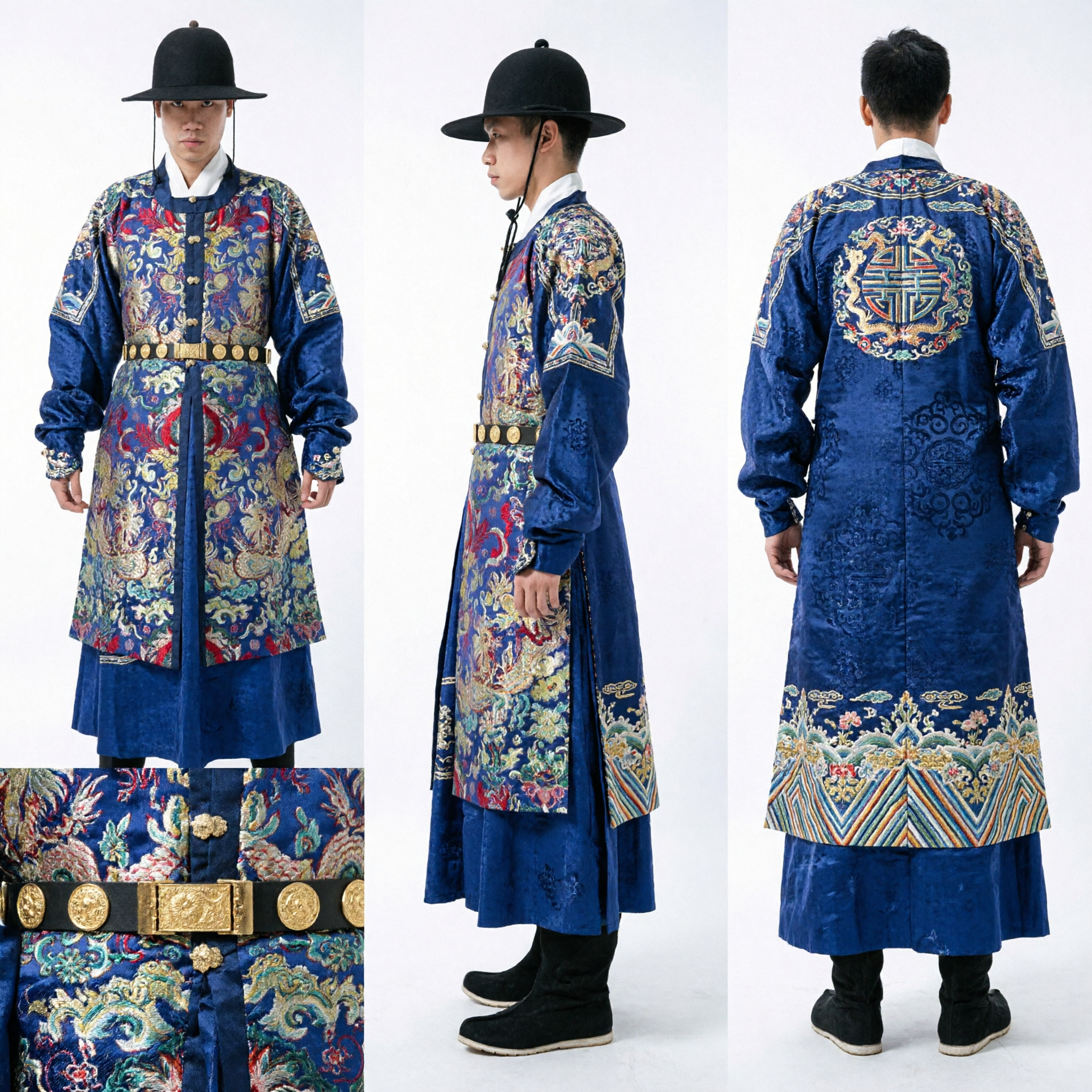 Men's Korean Traditional Royal Guard Hanbok Costume Blue Embroidered Joseon Dynasty Palace Uniform for Cosplay - Asian Costume
