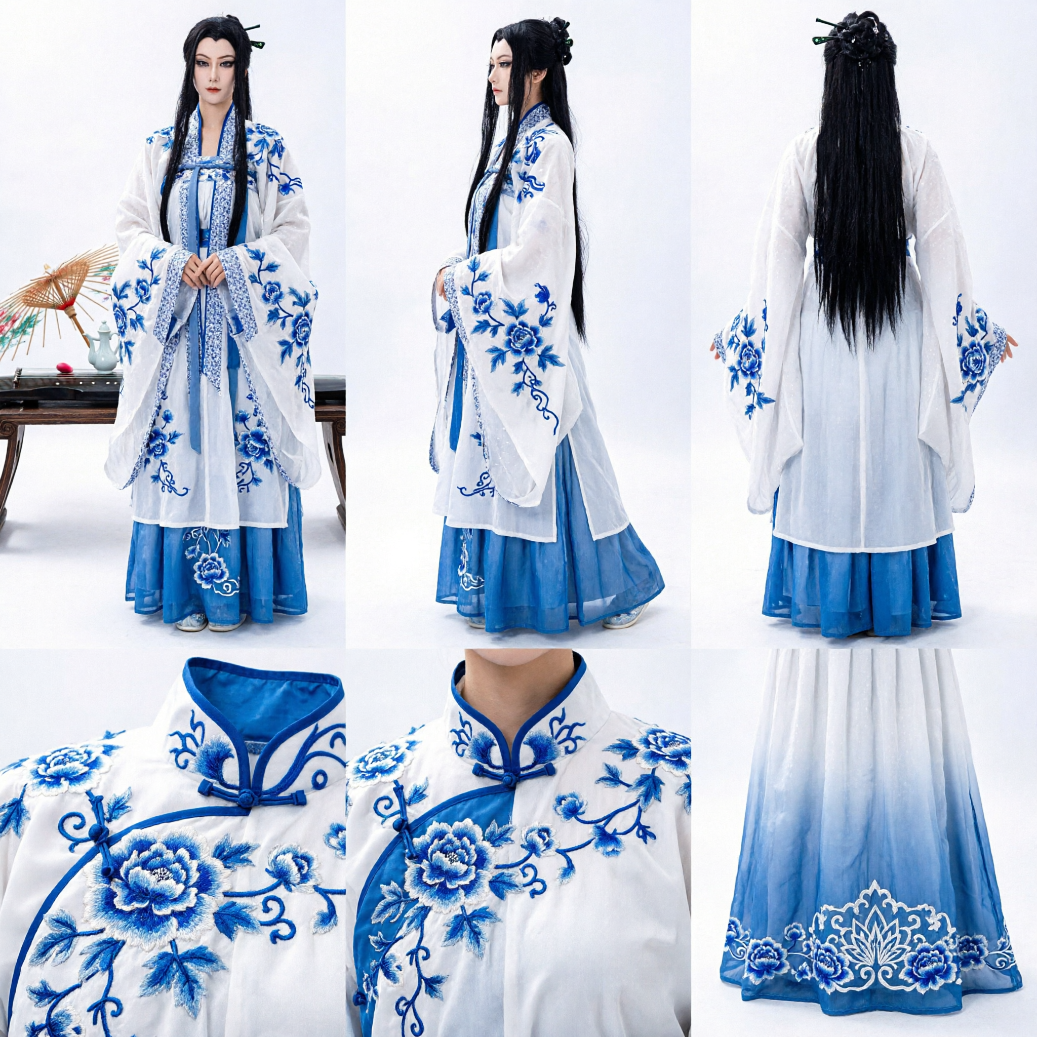 Traditional Chinese Men's Hanfu Ancient Scholar Costume Blue and White Embroidery Robe for Cosplay and Performance - Asian Costume