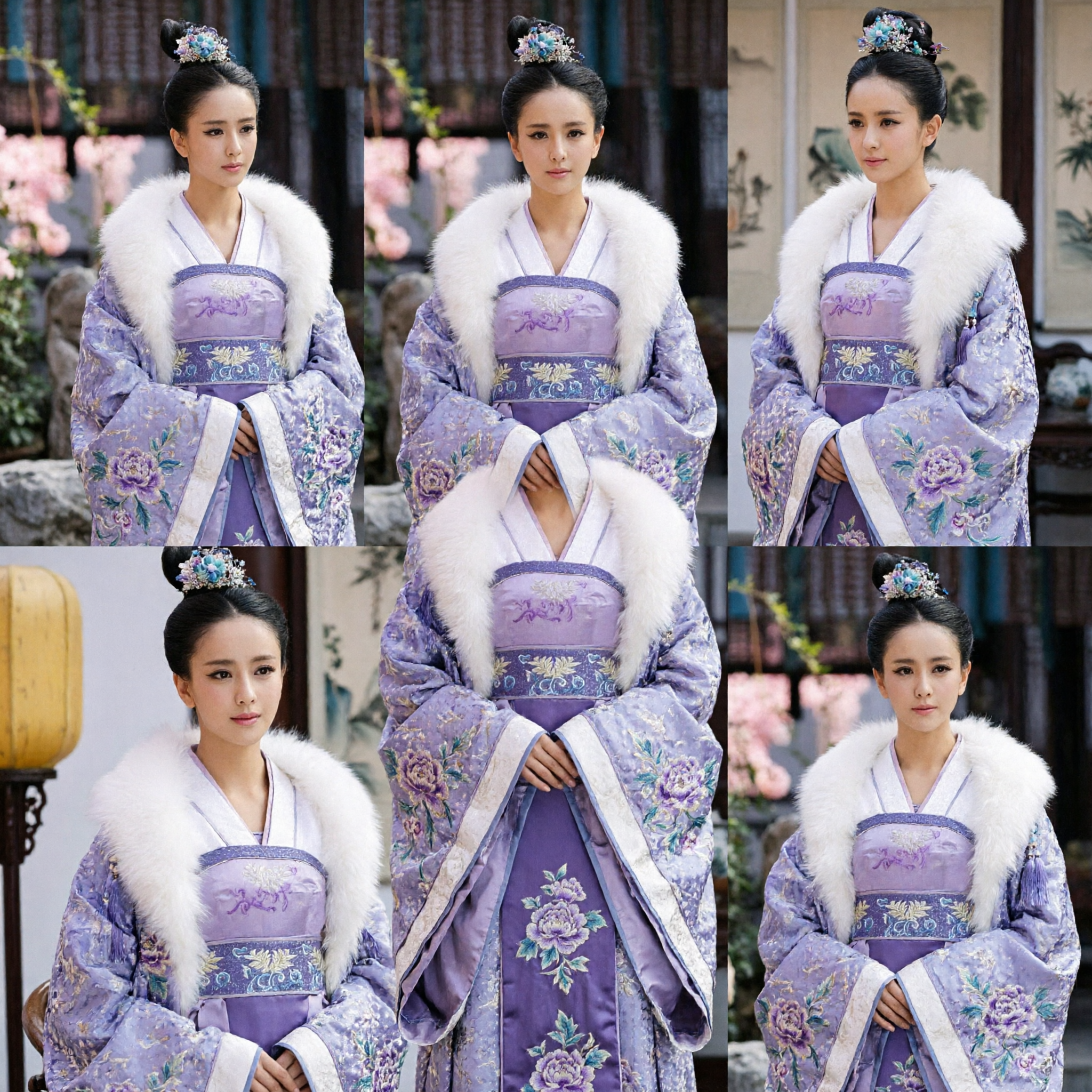 Ancient Chinese Tang Dynasty Princess Hanfu Costume Purple Embroidered Dress with White Fur Collar for Women - Asian Costume