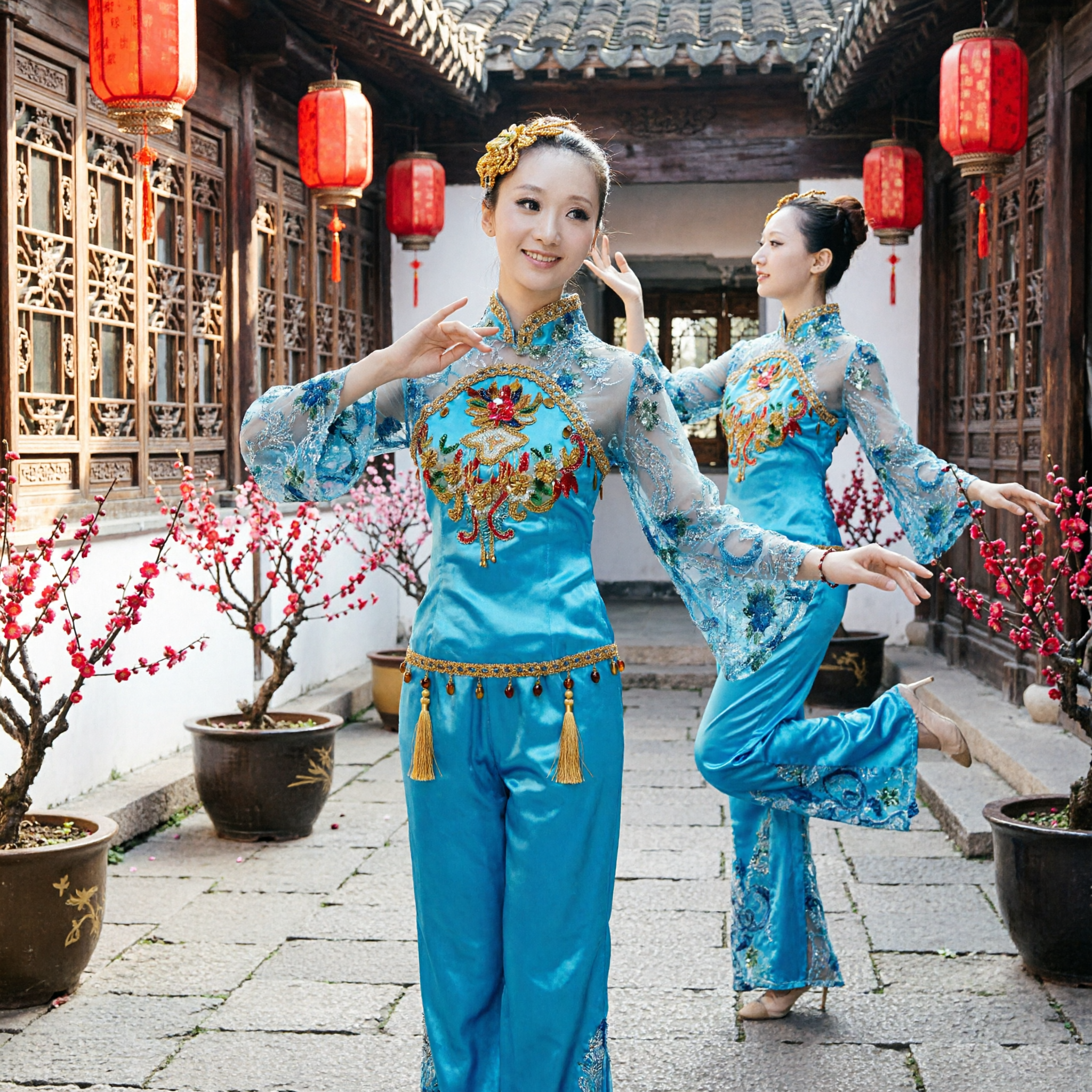Women's Blue Chinese Traditional Dance Costume Folk Performance Outfit with Floral Embroidery for Stage - Asian Costume