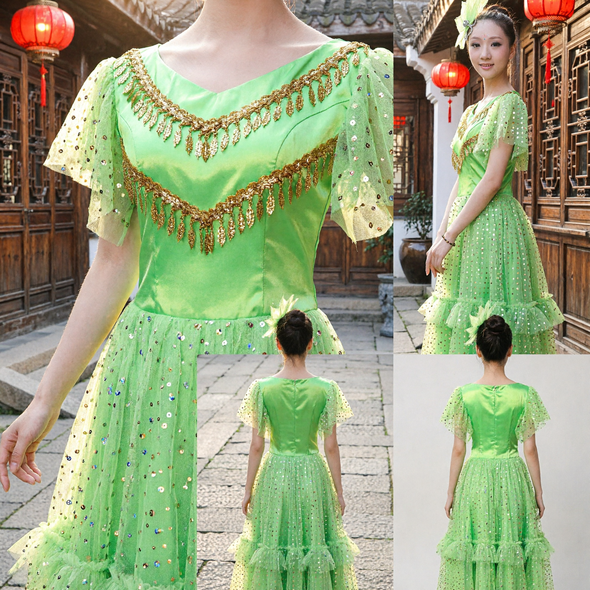 Vibrant Green Traditional Chinese Folk Dance Costume for Women Stage Performance Yangge Dress with Gold Trim - Asian Costume