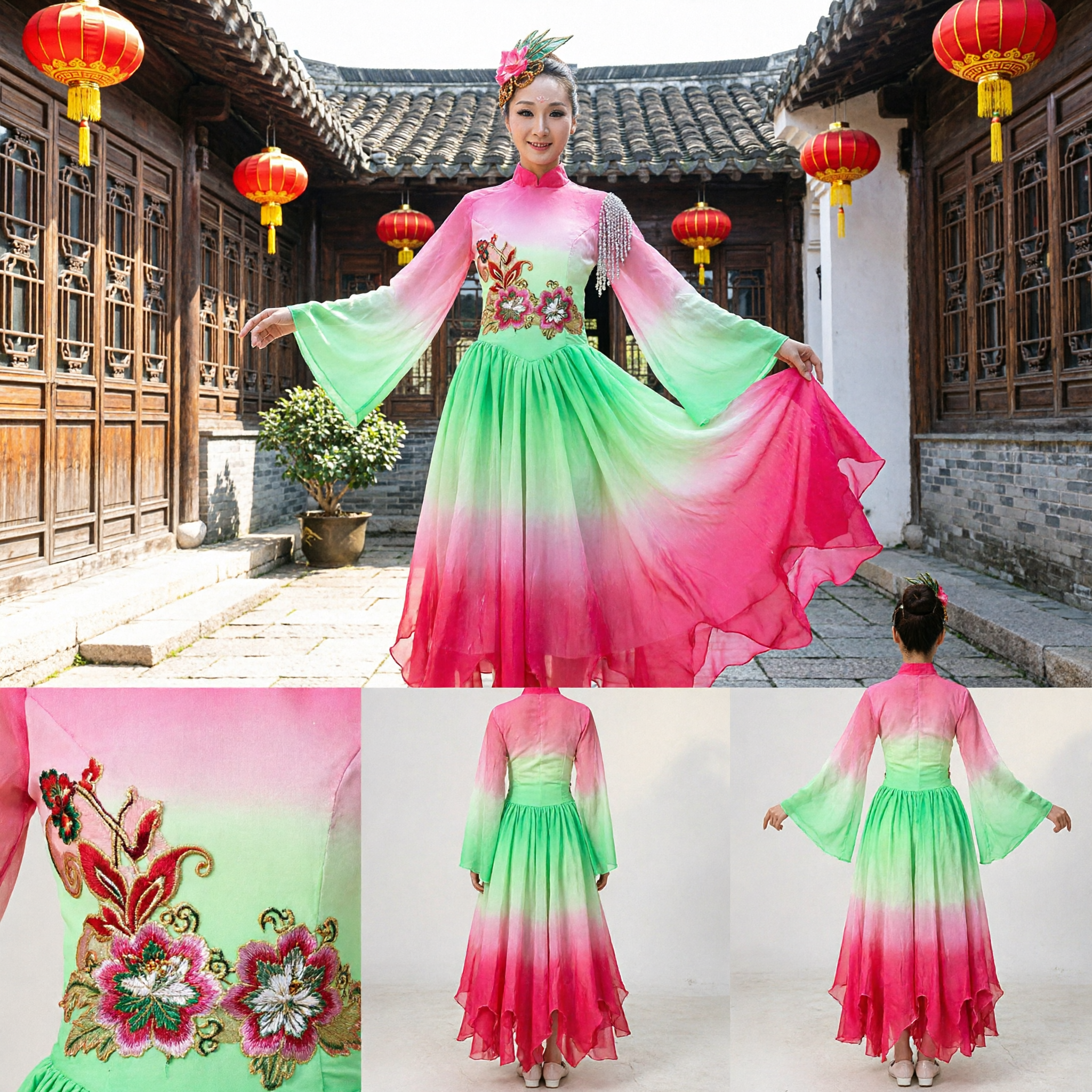 Women's Traditional Chinese Yangge Dance Costume Gradient Pink Green Folk Dress Stage Performance Outfit with Floral Embroidery - Asian Costume