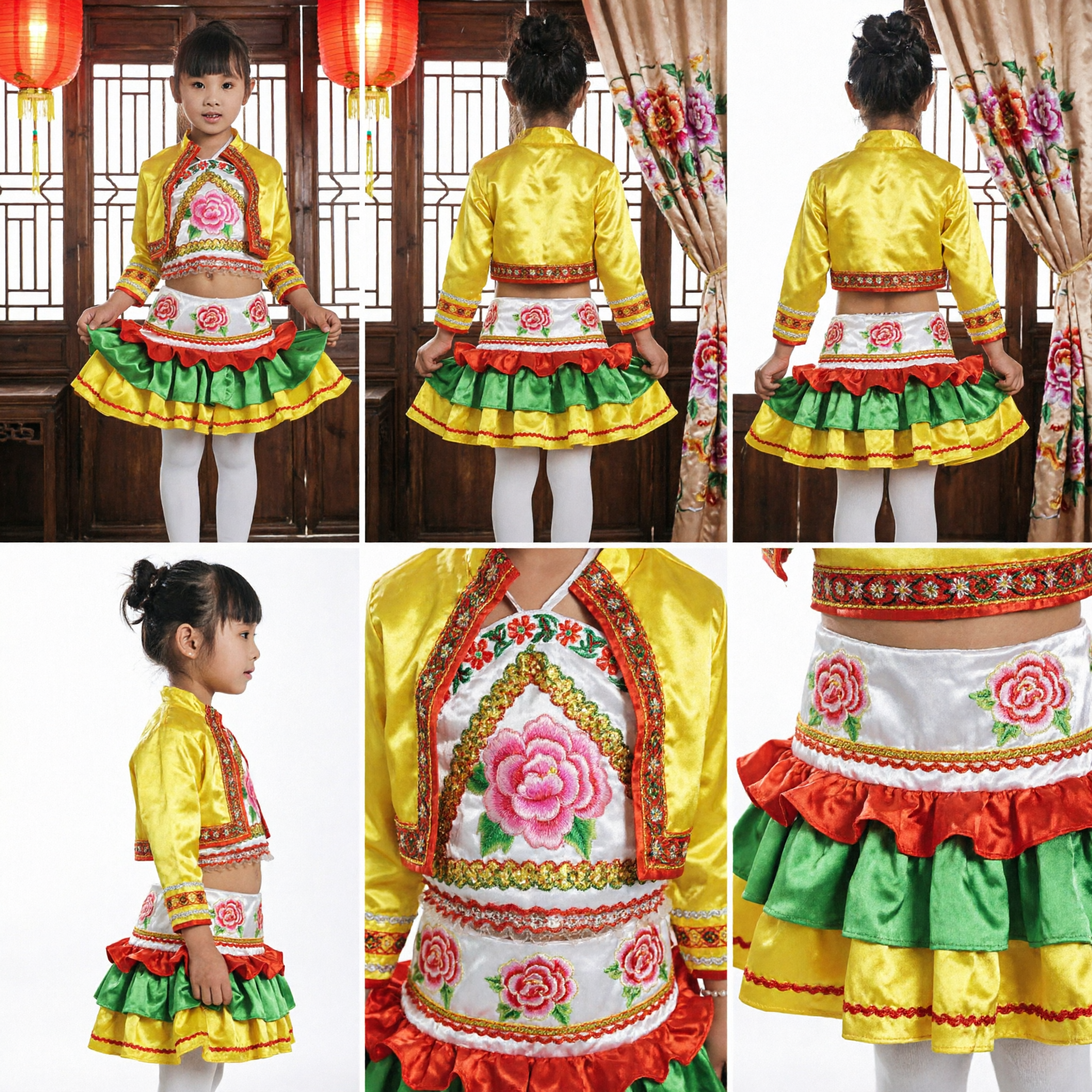 Traditional Chinese Folk Dance Costume for Girls Yellow Floral Embroidered Top Ruffled Skirt Set Kids Stage Performance - Asian Costume
