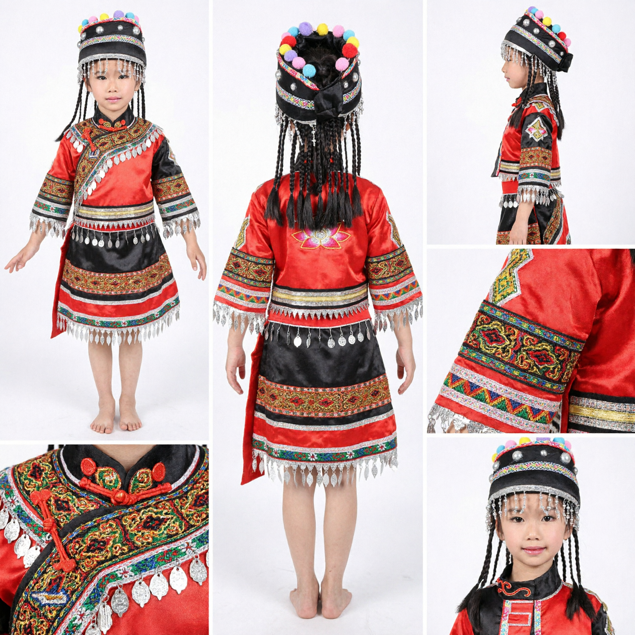 Chinese Miao Hmong Traditional Ethnic Minority Costume for Girls Kids Dance Performance Folk Dress with Silver Jewelry - Asian Costume