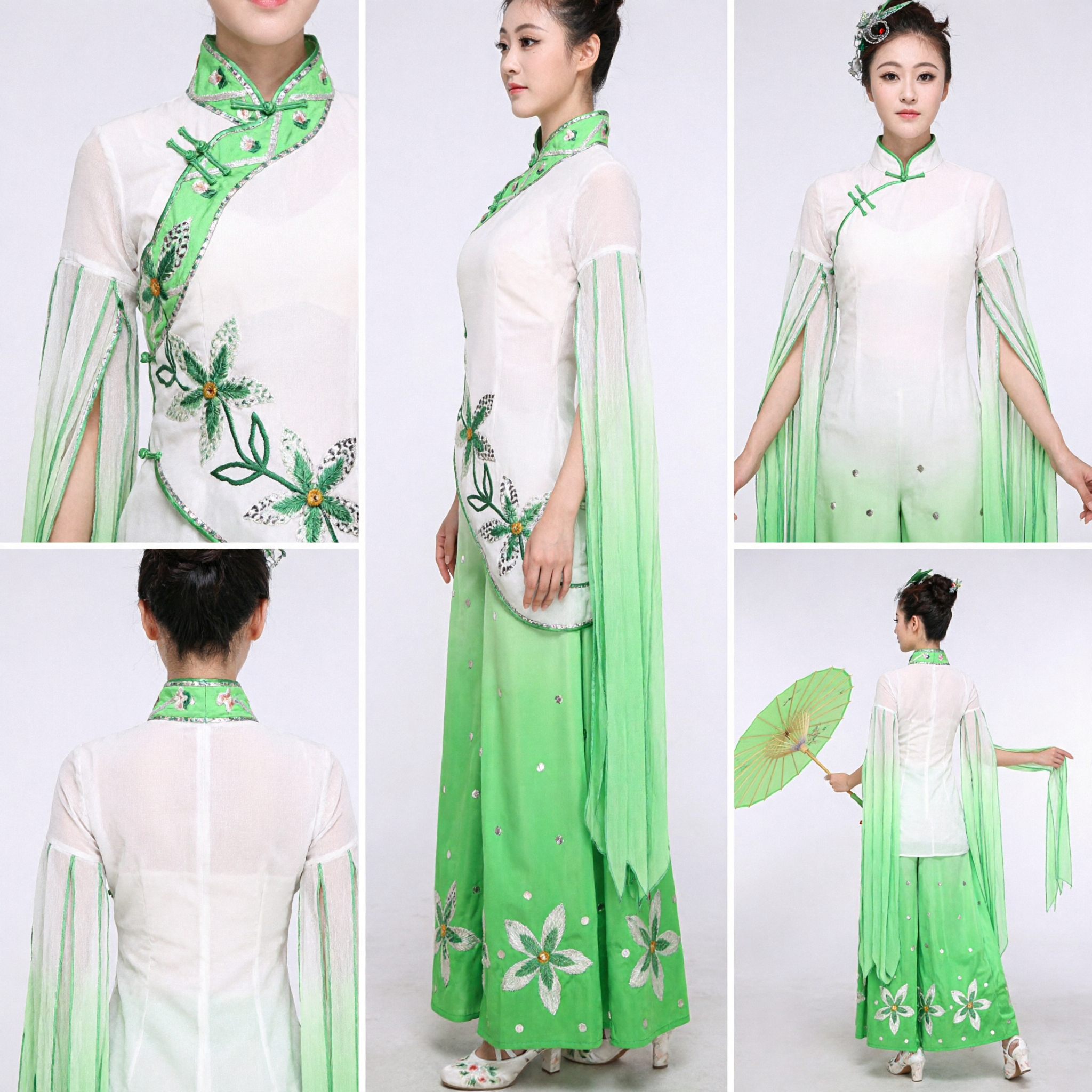 Traditional Chinese Green Yangge Dance Costume Women Folk Performance Dress with Umbrella - Asian Costume