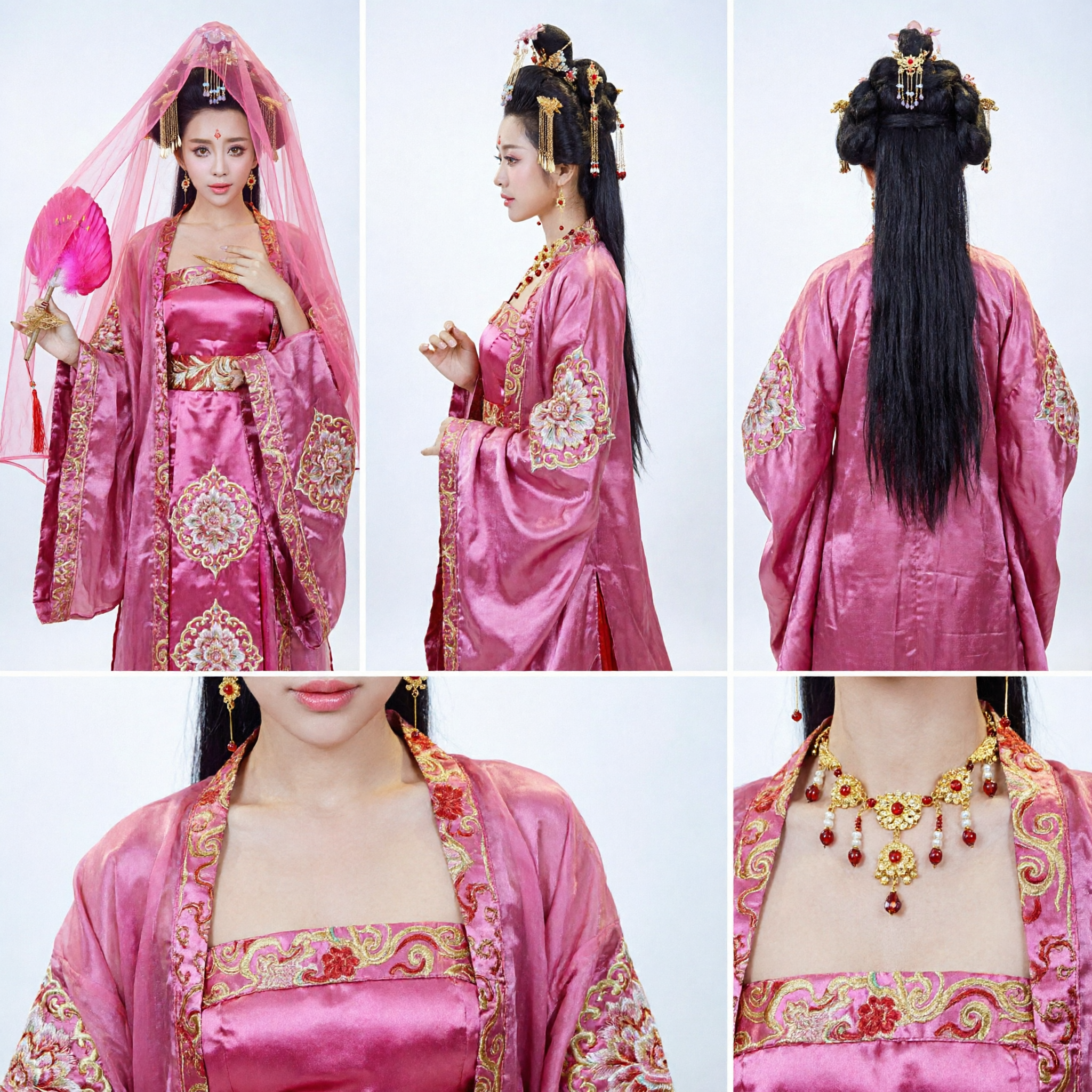 Traditional Chinese Tang Dynasty Princess Hanfu Costume for Women with Pink Veil Fan and Gold Hair Jewelry - Asian Costume