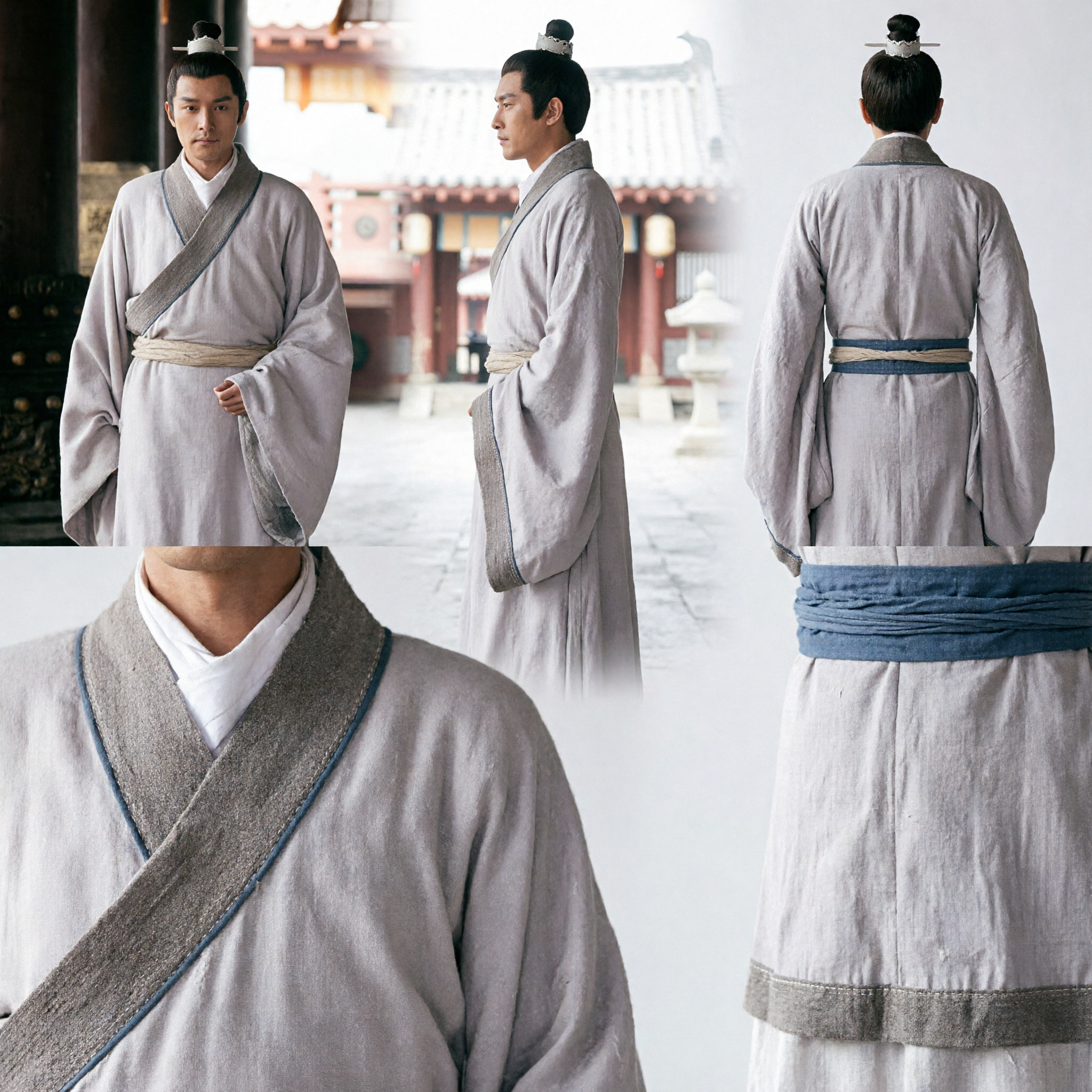 Men's Ancient Chinese Hanfu Costume Grey Scholar Robe Traditional Cross-Collar Clothing for Cosplay and Stage Performance - Asian Costume