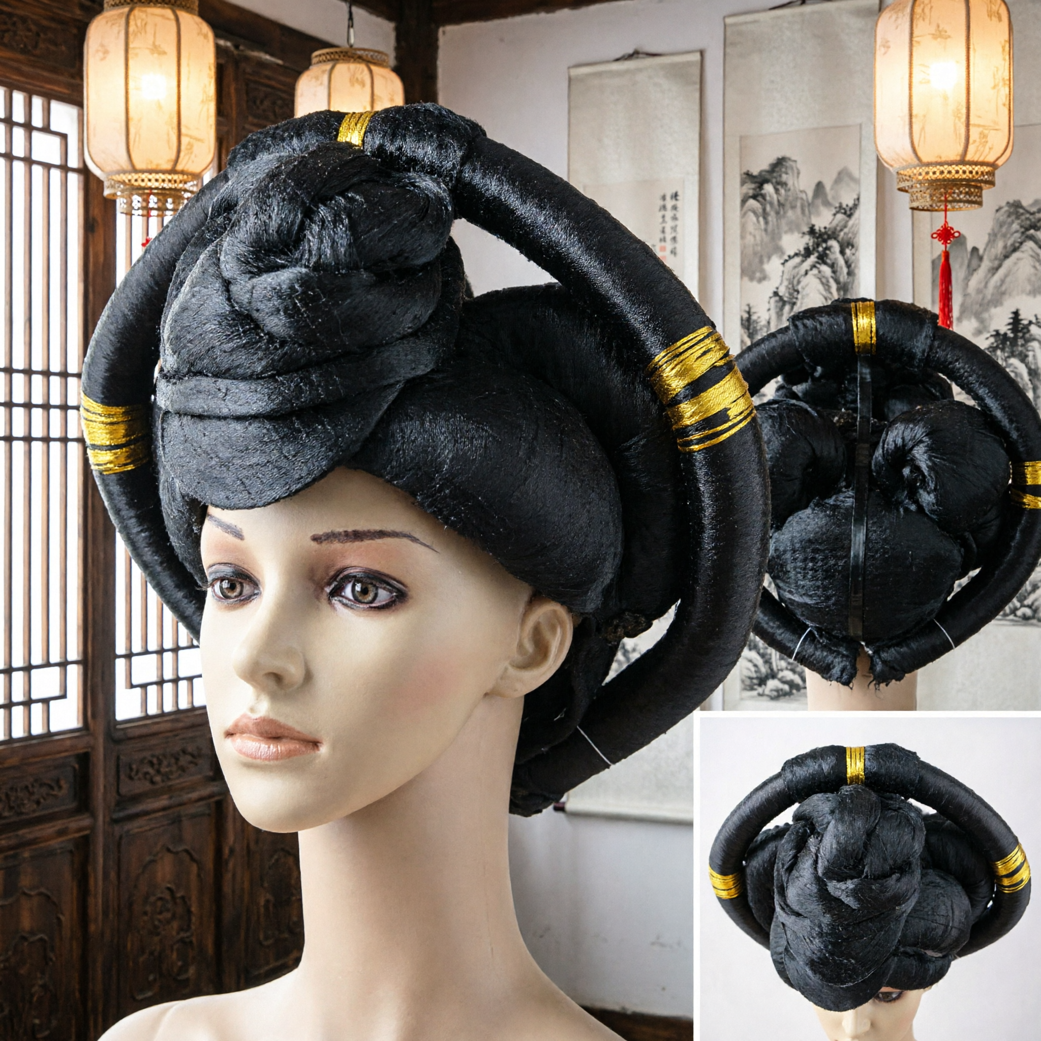 Traditional Chinese Tang Dynasty Princess Hairpiece Black Wig for Hanfu Costume and Cosplay Events - Asian Costume