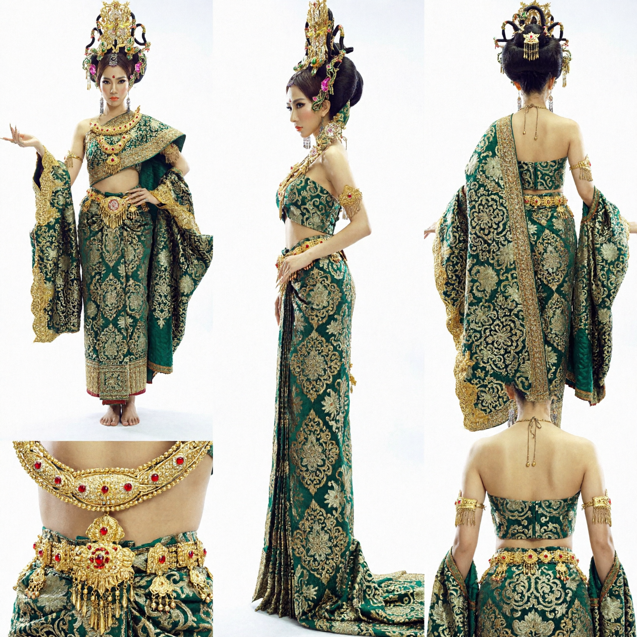 Women's Traditional Thai Dance Costume Green Gold Embroidery Dress with Headdress and Jewelry Set for Performance - Asian Costume
