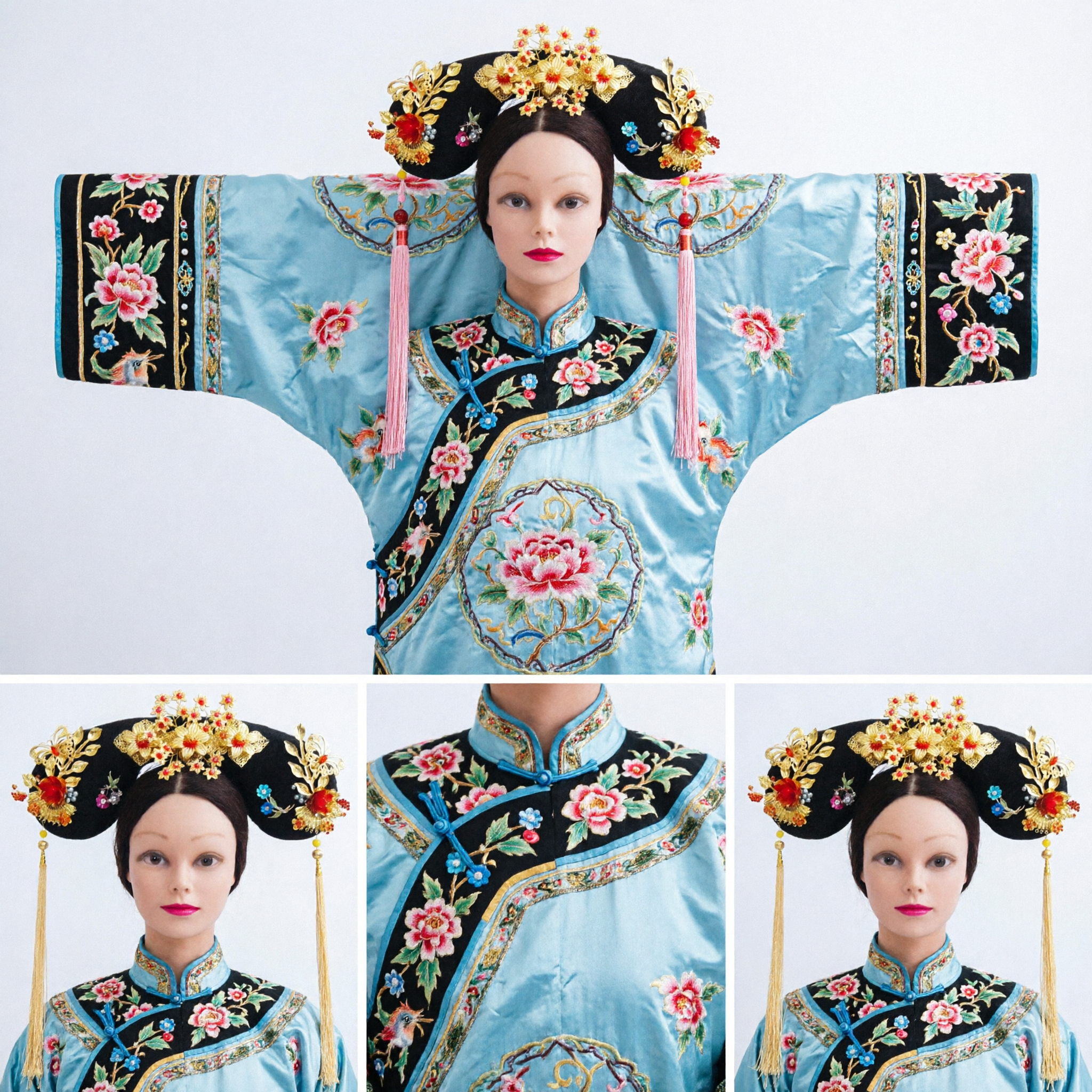 Traditional Chinese Qing Dynasty Manchu Empress Headpiece Gold Floral Headdress for Cosplay Costume Performance - Asian Costume