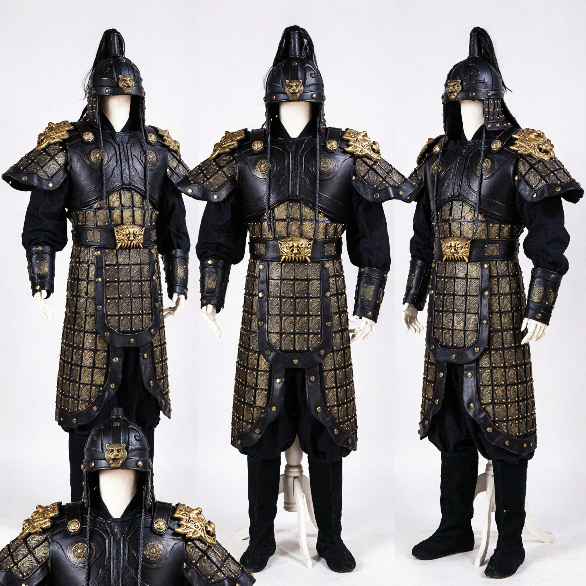 Ancient Chinese General Black Gold Armor Cosplay Costume Full Set Men's Warrior Outfit for Halloween - Asian Costume