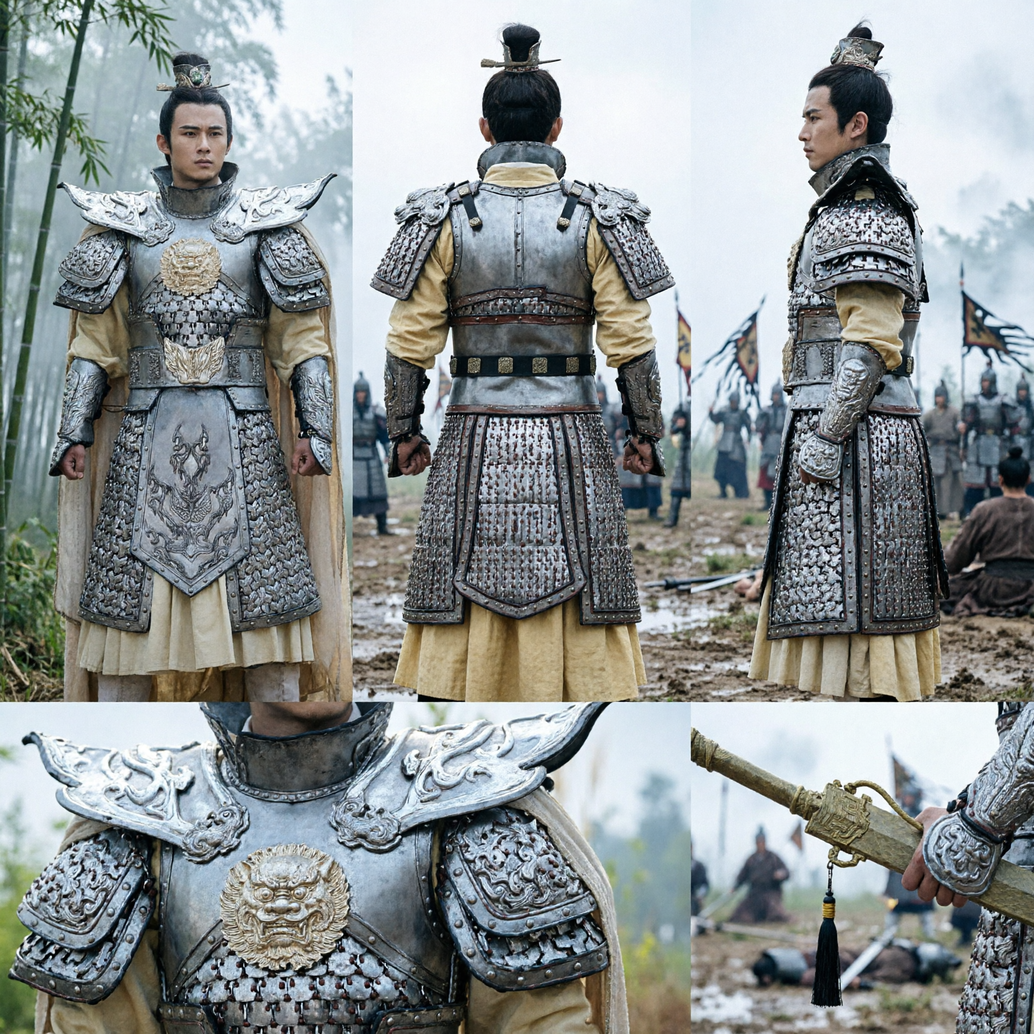 Men's Ancient Chinese General Silver Armor Cosplay Costume Historical Warrior Hanfu Outfit for Stage Performance - Asian Costume