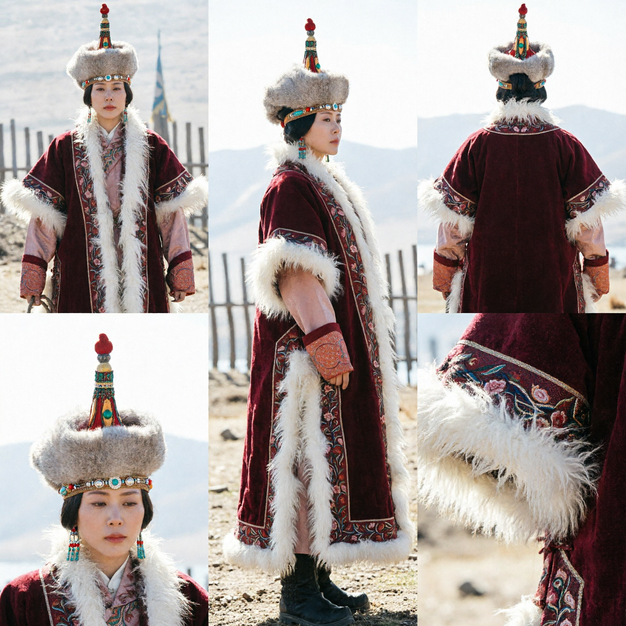 Traditional Mongolian Winter Costume Women's Red Fur Trimmed Robe and Hat Ethnic Historical Dress - Asian Costume
