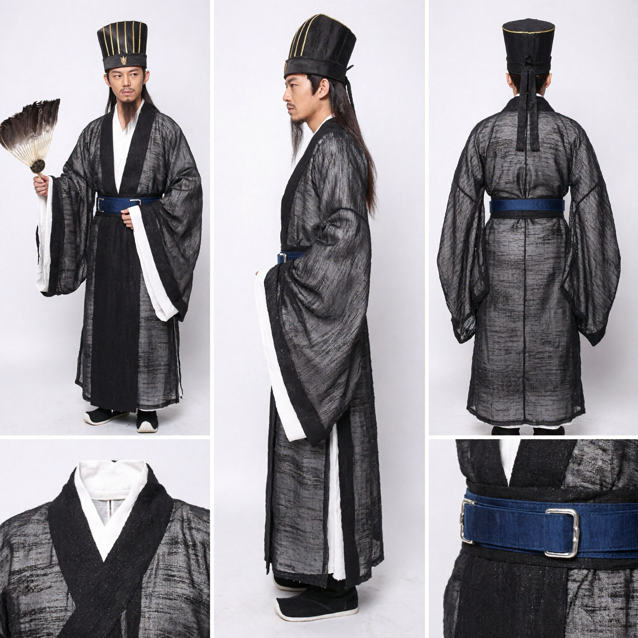 Men's Ancient Chinese Three Kingdoms Zhuge Liang Hanfu Costume Traditional Scholar Robe with Feather Fan - Asian Costume