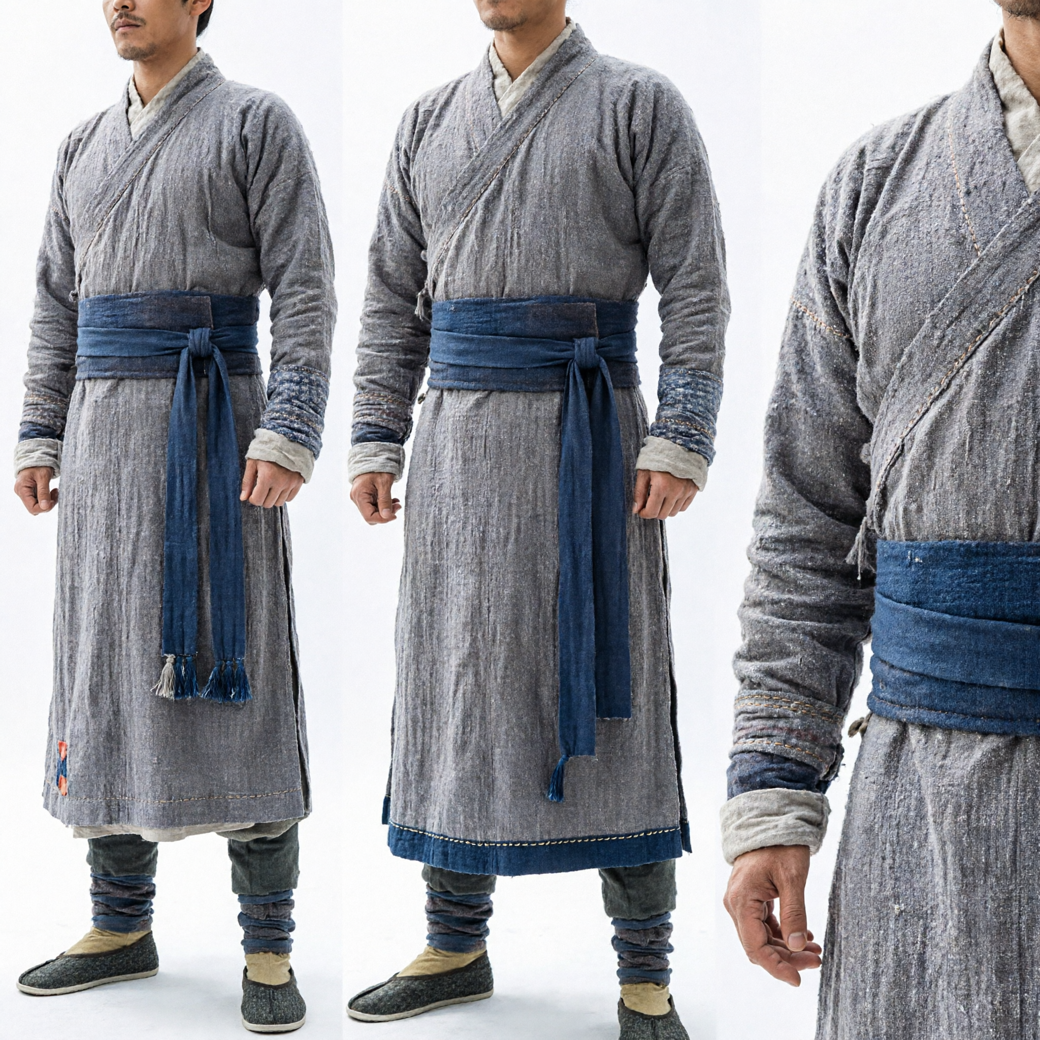 Ancient Chinese Swordsman Costume Men Grey Linen Hanfu Martial Arts Cosplay Outfit for Stage Performance - Asian Costume