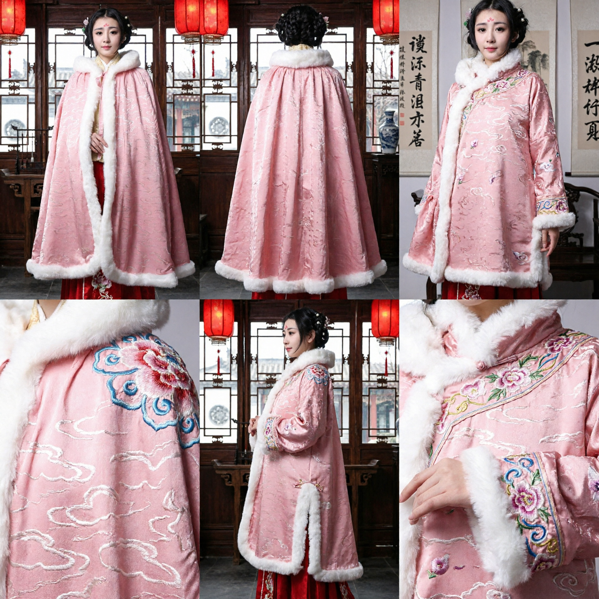 Elegant Pink Hanfu Winter Cloak with White Fur Trim Traditional Chinese Ancient Costume Cape for Women - Asian Costume