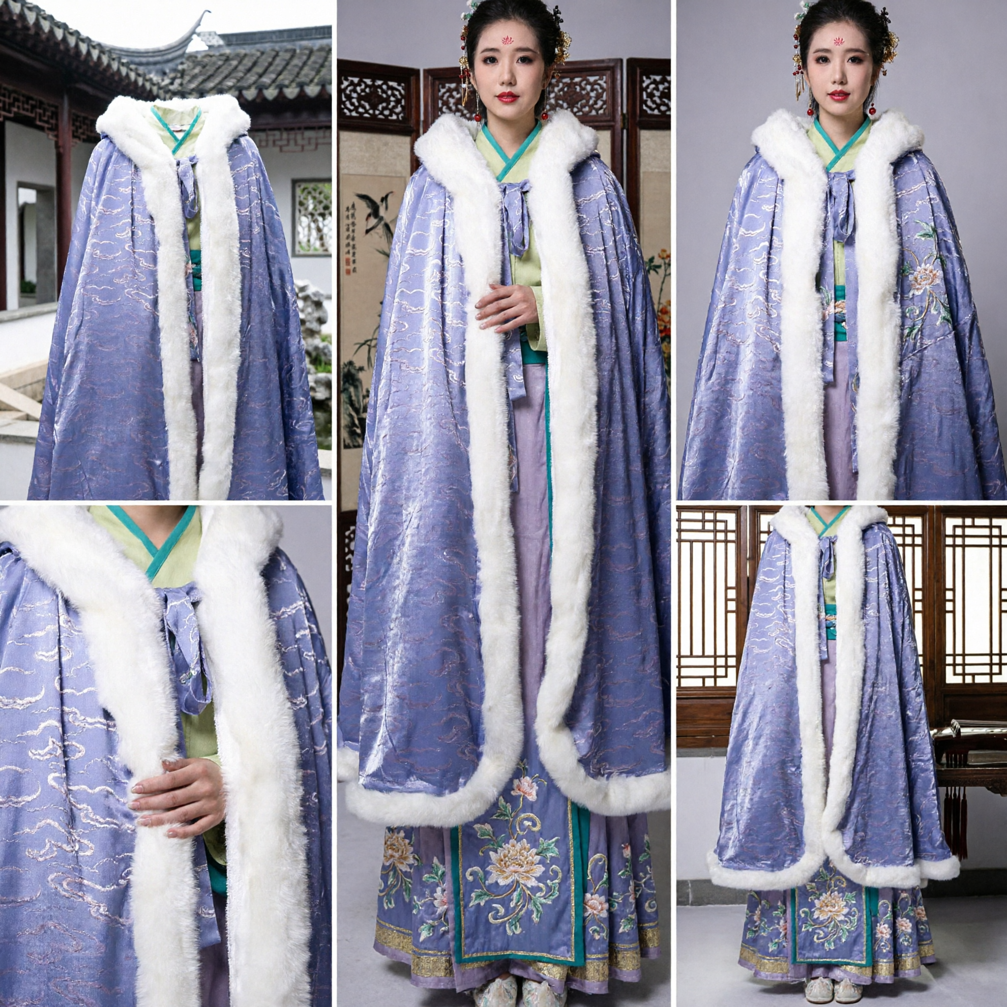 Elegant Purple Hanfu Winter Cloak with White Fur Trim Ancient Chinese Cloud Pattern Cape for Women - Asian Costume