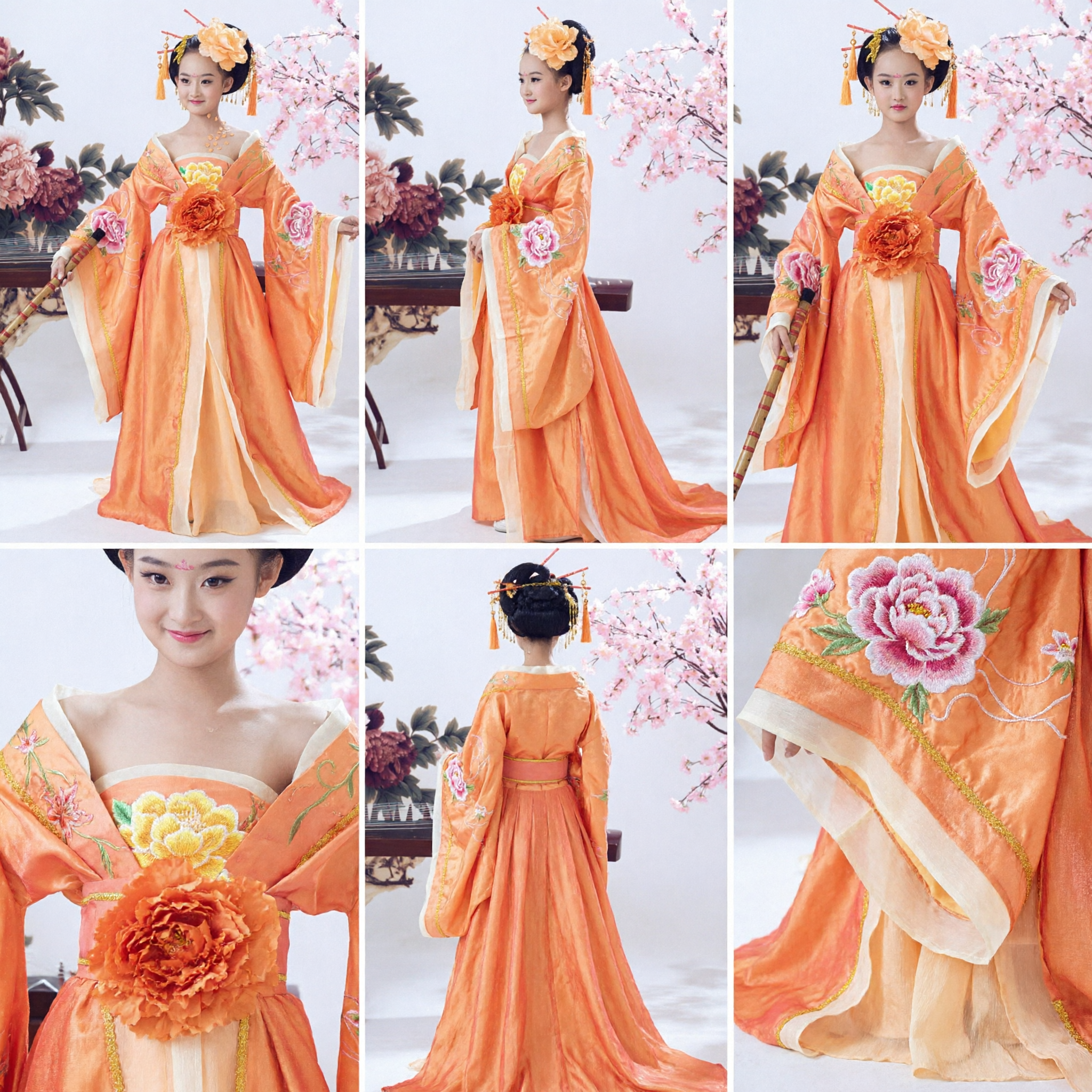 Traditional Chinese Hanfu Costume for Kids Tang Dynasty Palace Lady Orange Floral Dress for Dance Performance - Asian Costume