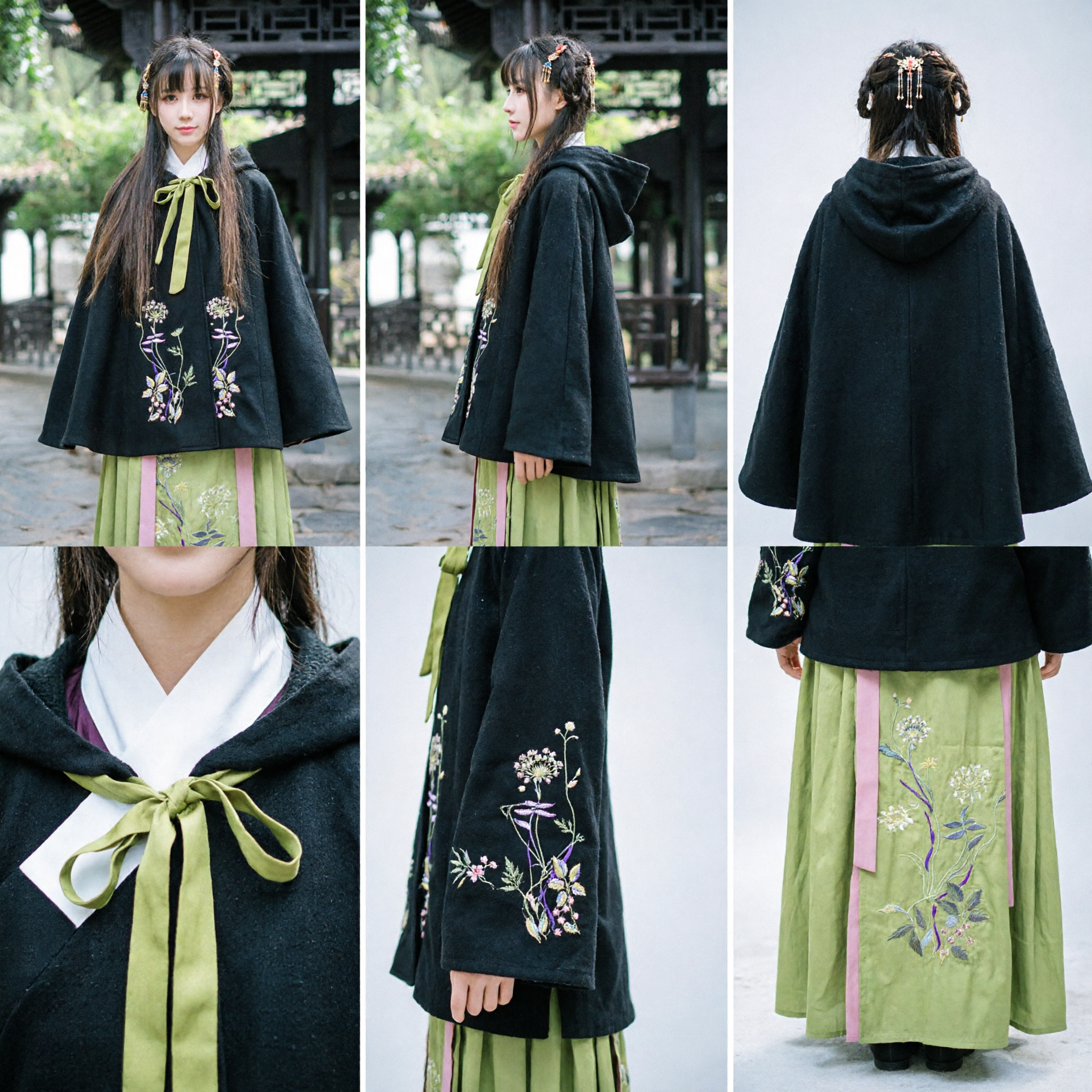 Women's Traditional Chinese Hanfu Black Cloak Cape with Floral Embroidery and Green Skirt Ancient Costume - Asian Costume