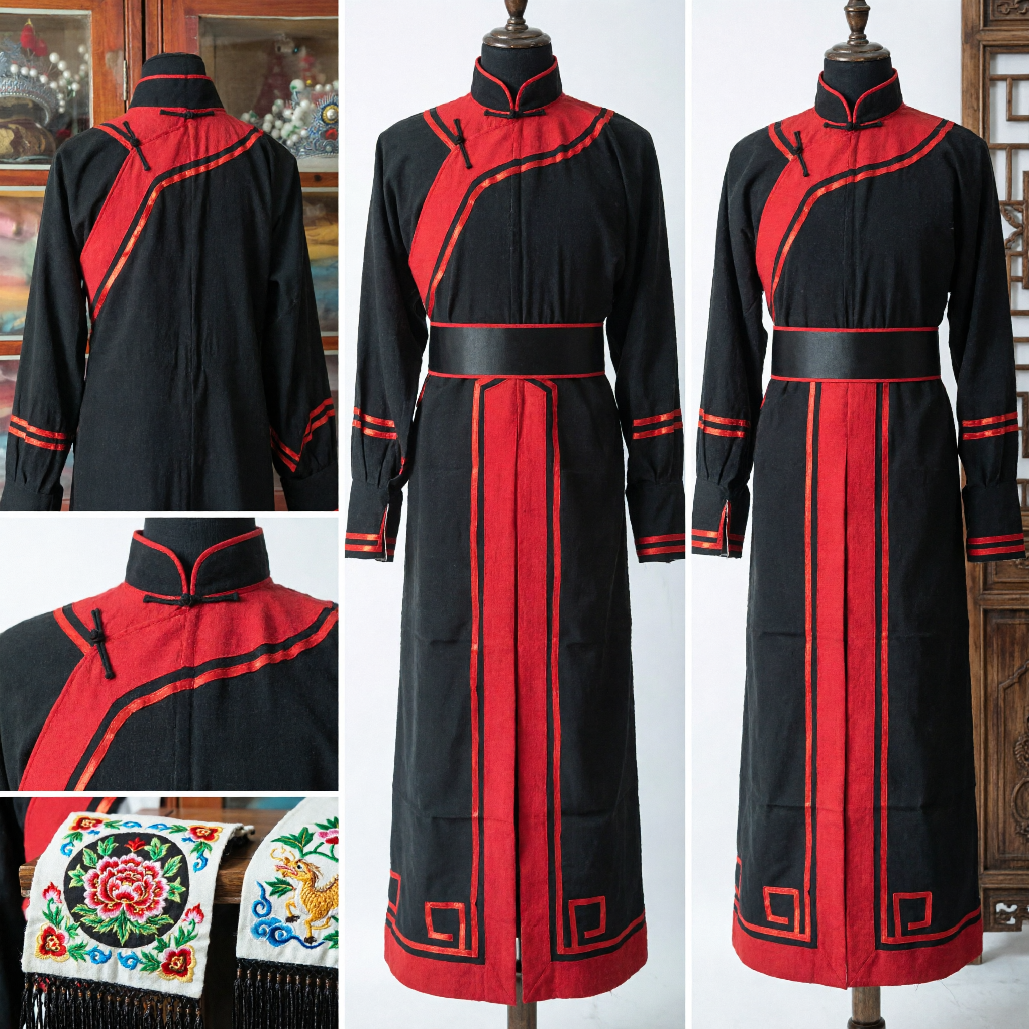Traditional Chinese Mongolian Ethnic Costume Black Red Long Sleeve Robe for Men Stage Performance - Asian Costume