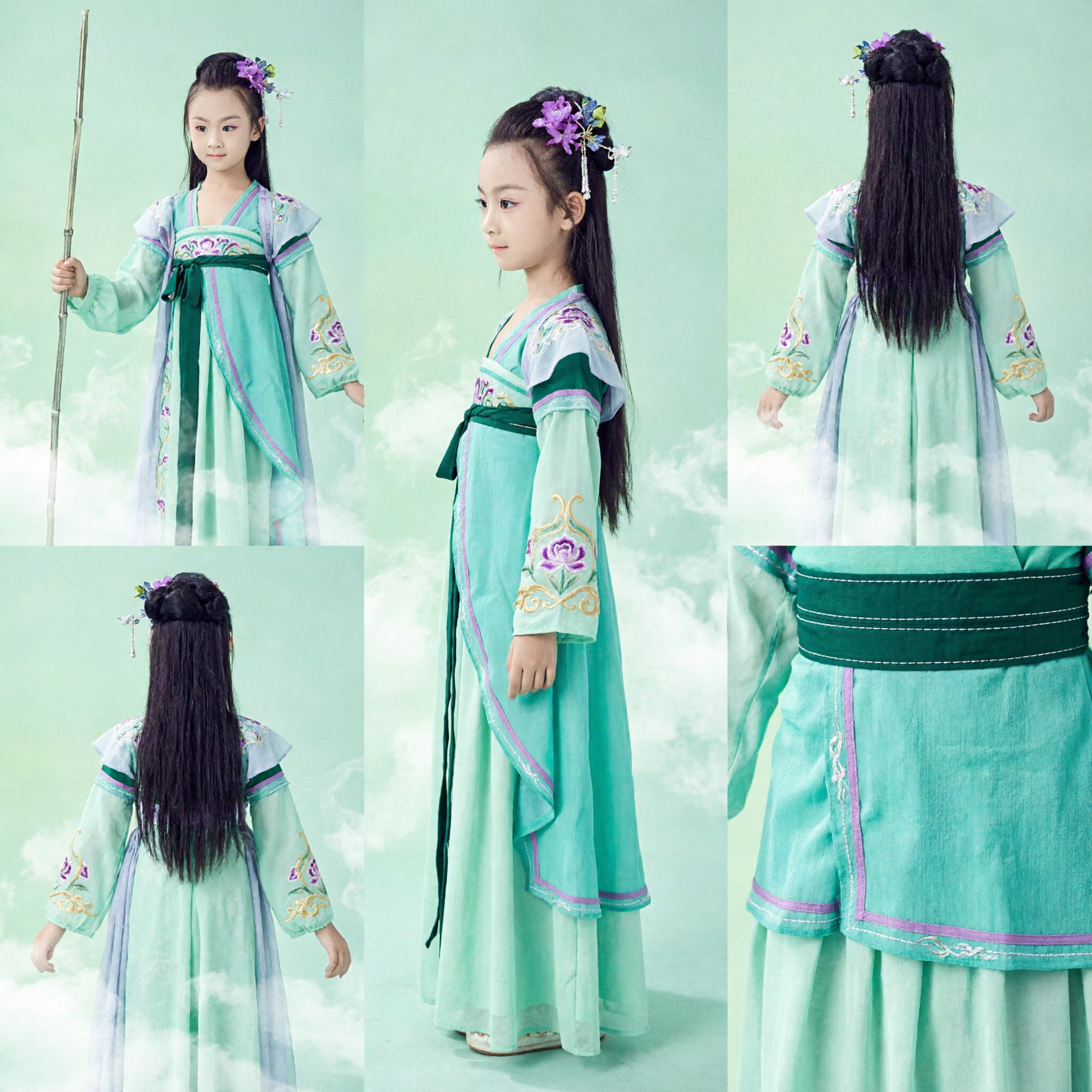 Girls Chinese Traditional Hanfu Costume Green Wuxia Fairy Dress for Kids Cosplay Halloween - Asian Costume
