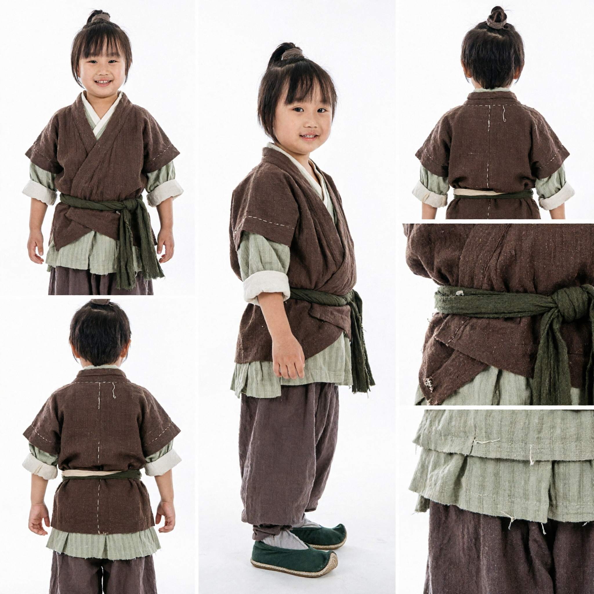 Kids Traditional Chinese Hanfu Clothing Ancient Martial Arts Costume Brown Linen Outfit for Boys and Girls - Asian Costume
