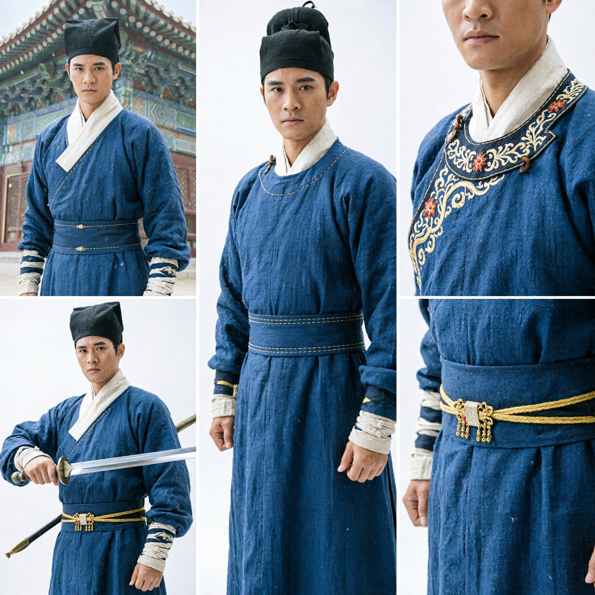 Men's Blue Wuxia Swordsman Costume Traditional Hanfu Robe with Scholar Hat for Martial Arts Cosplay Performance - Asian Costume