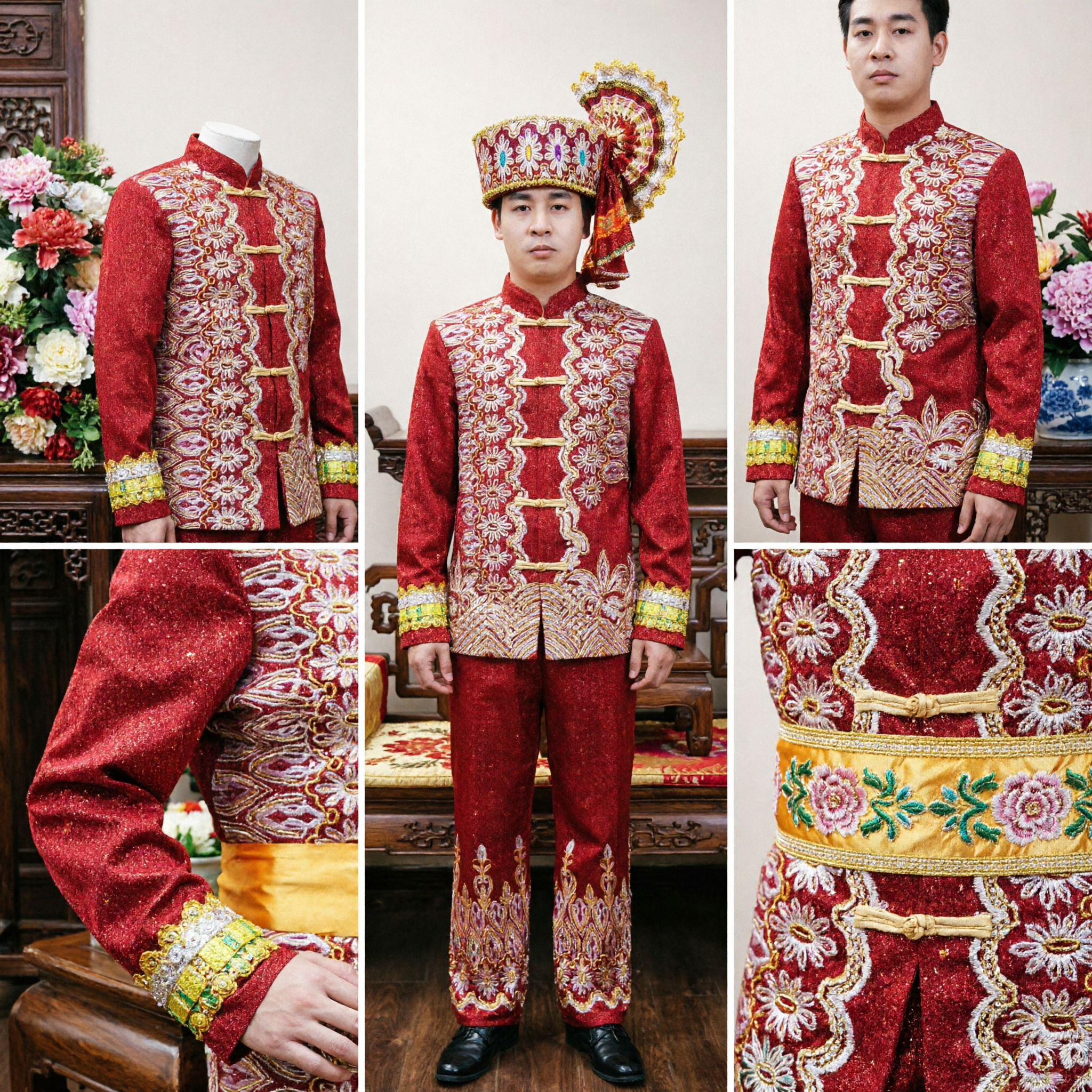 Men's Traditional Chinese Ethnic Wedding Costume Red Gold Embroidered Groom Suit and Headdress Set - Asian Costume