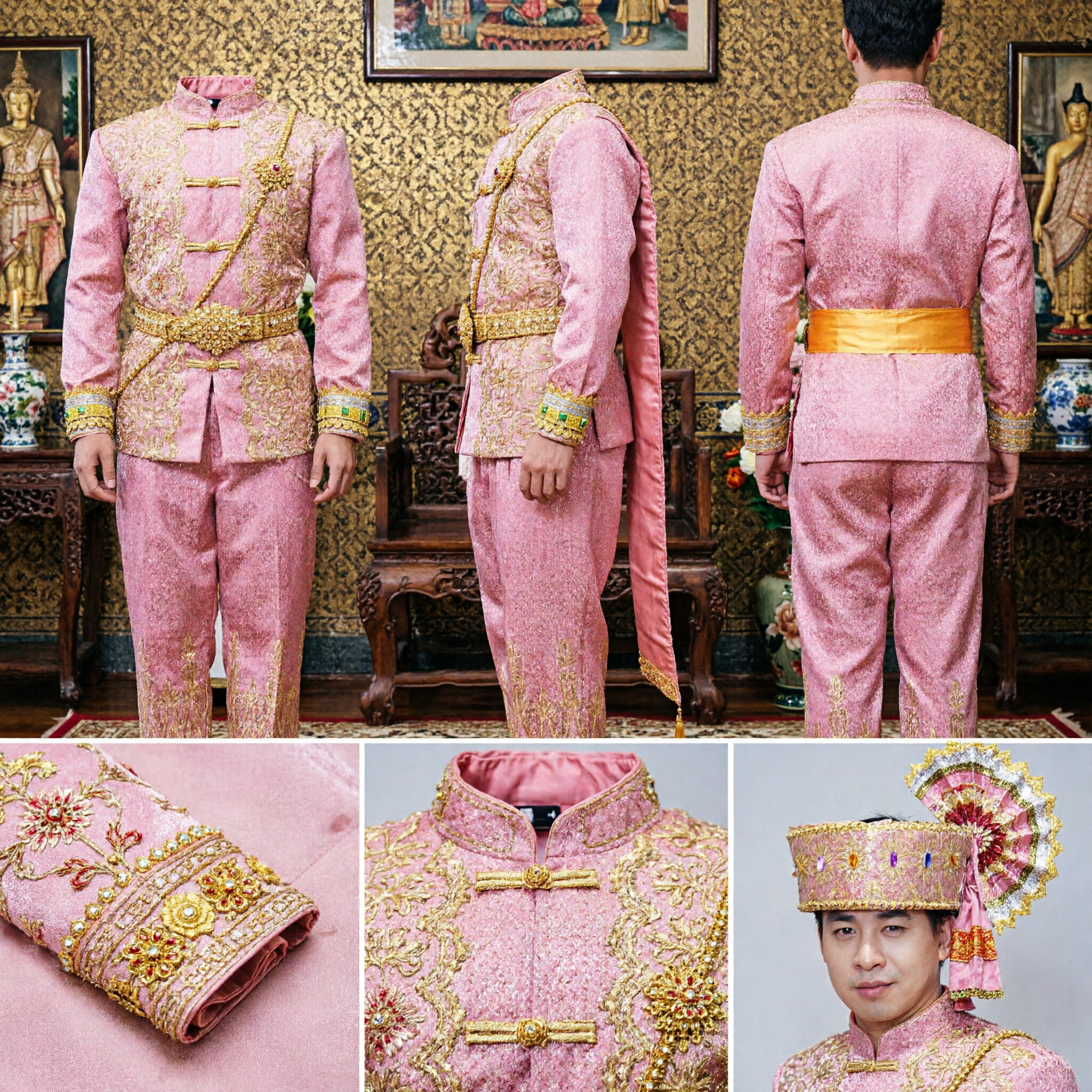 Men's Traditional Thai Pink Gold Brocade Wedding Groom Costume Set with Headdress for Cultural Performance - Asian Costume