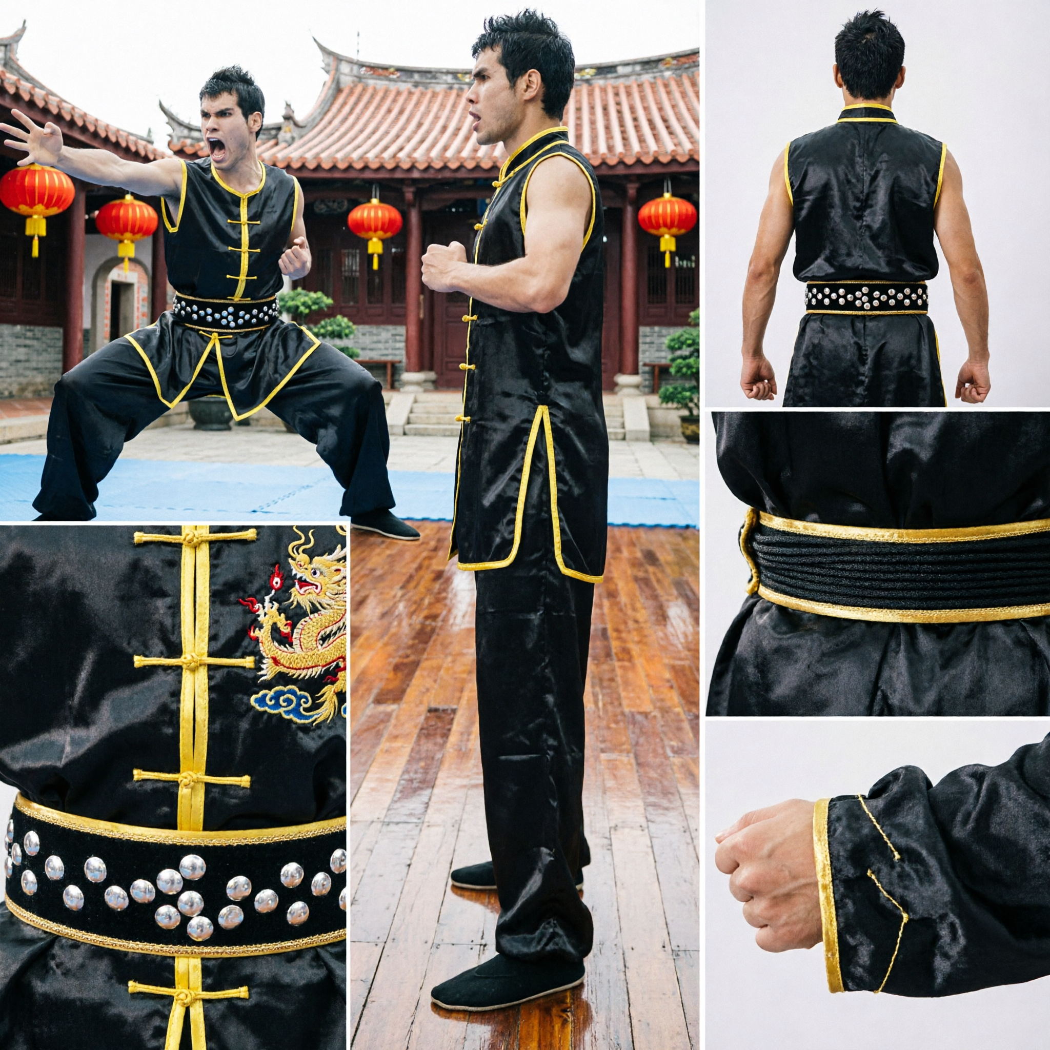 Men's Black Sleeveless Shaolin Kung Fu Uniform with Yellow Trim Traditional Martial Arts Wushu Performance Suit - Asian Costume