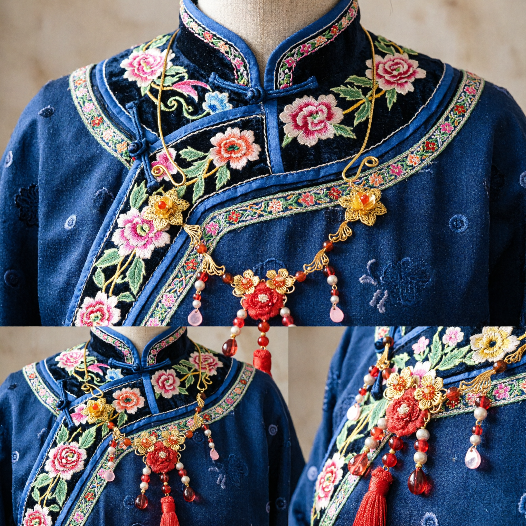 Traditional Chinese Hanfu Hair Accessory Gold Flower Headpiece with Red Tassel for Wedding Bride Ancient Style - Asian Costume