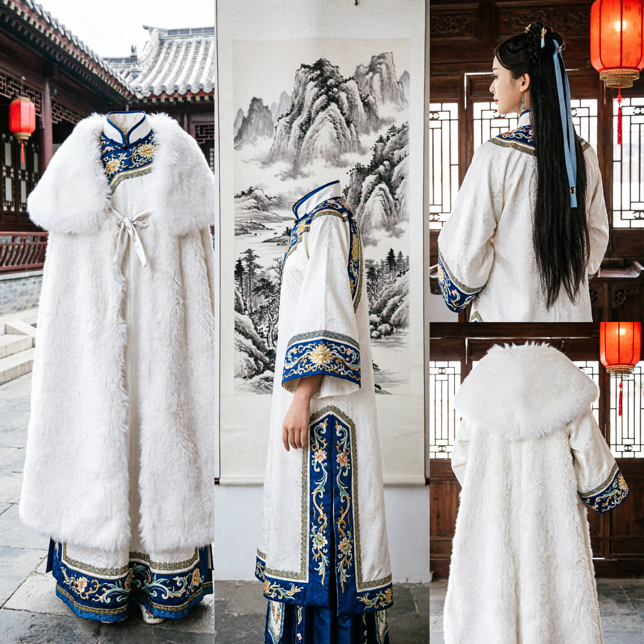 Elegant Traditional Chinese Hanfu White Fur Cloak Winter Cape Ancient Costume for Women Cosplay - Asian Costume