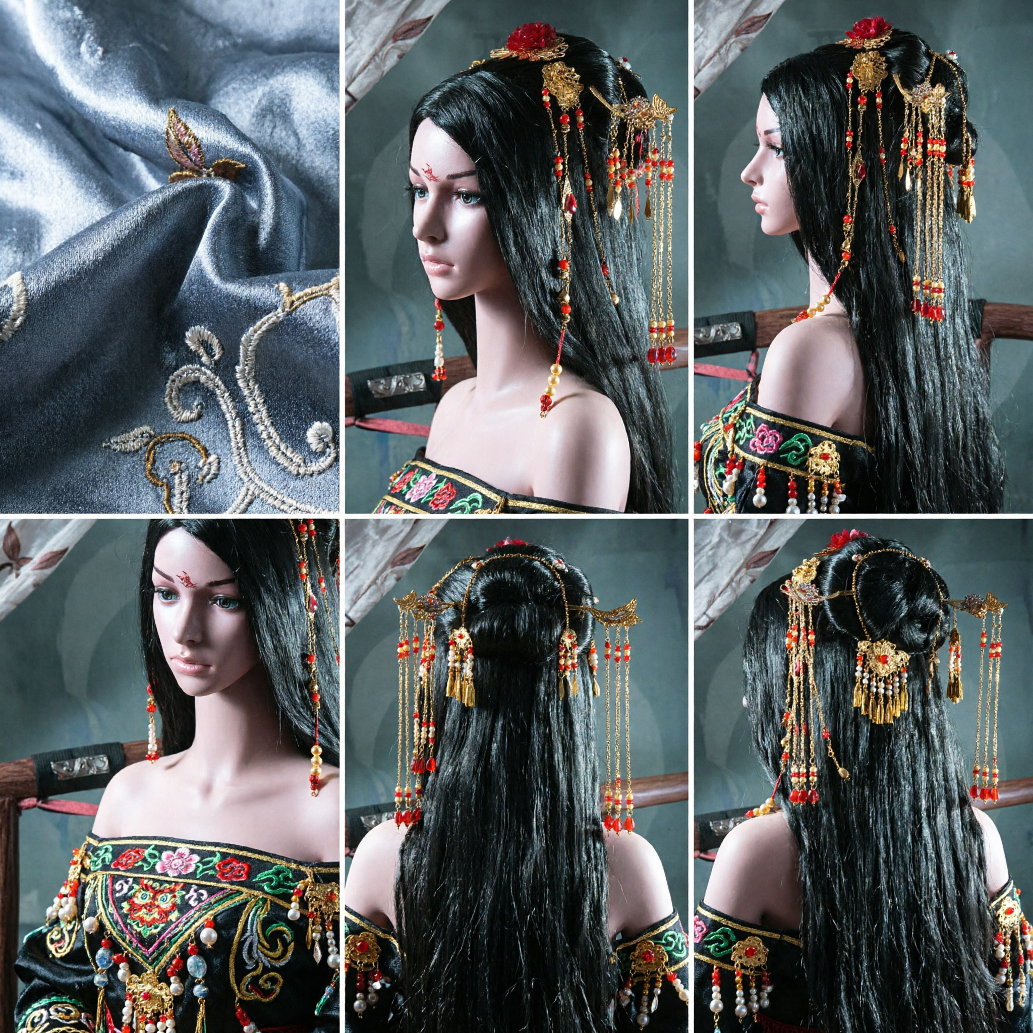 Chinese Traditional Hanfu Hair Accessories Ancient Palace Style Red Flower Gold Tassel Hairpins for Women Wedding Cosplay - Asian Costume