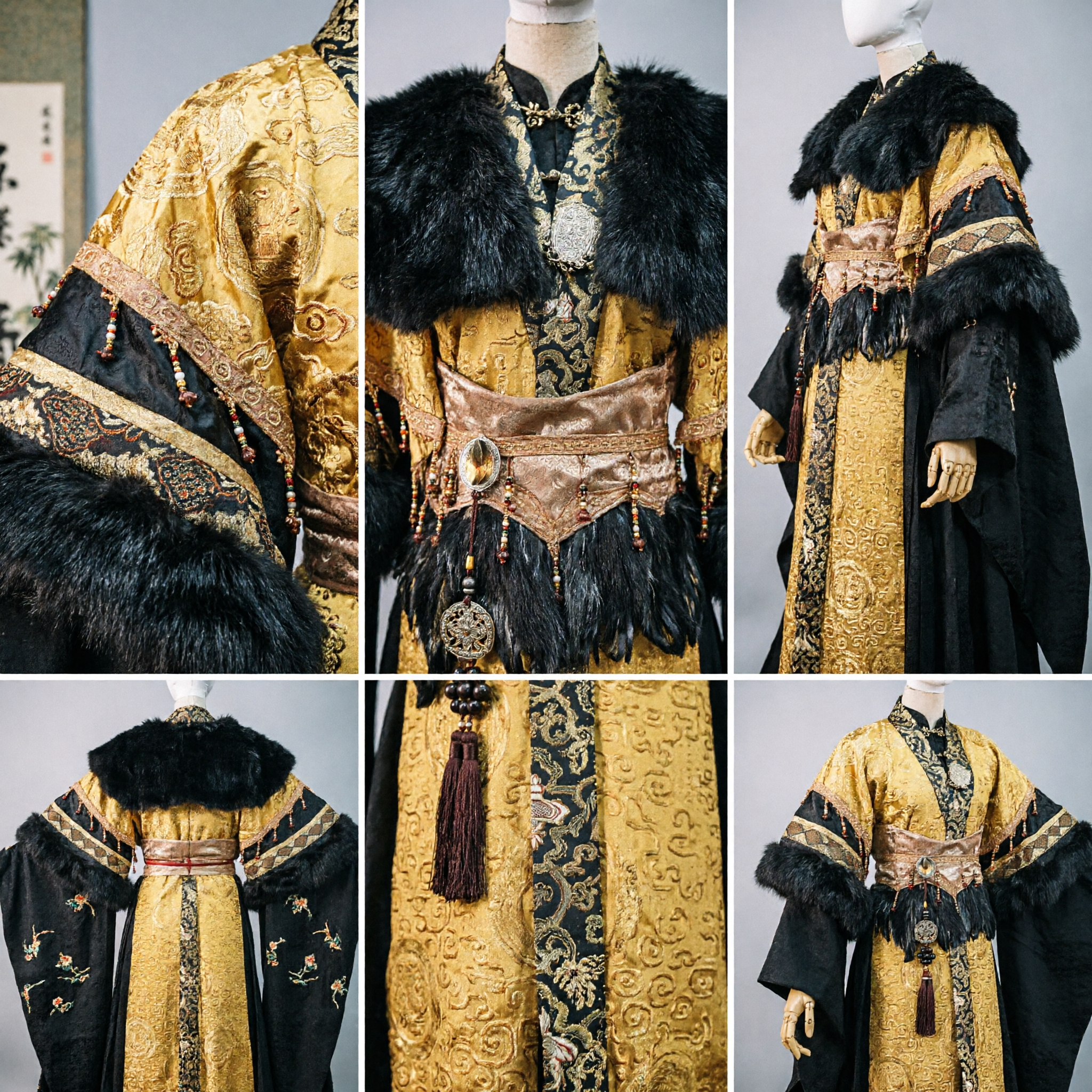 Men's Ancient Chinese Royal Emperor Hanfu Costume Black Fur Cloak Gold Brocade Robe Historical Cosplay Outfit - Asian Costume