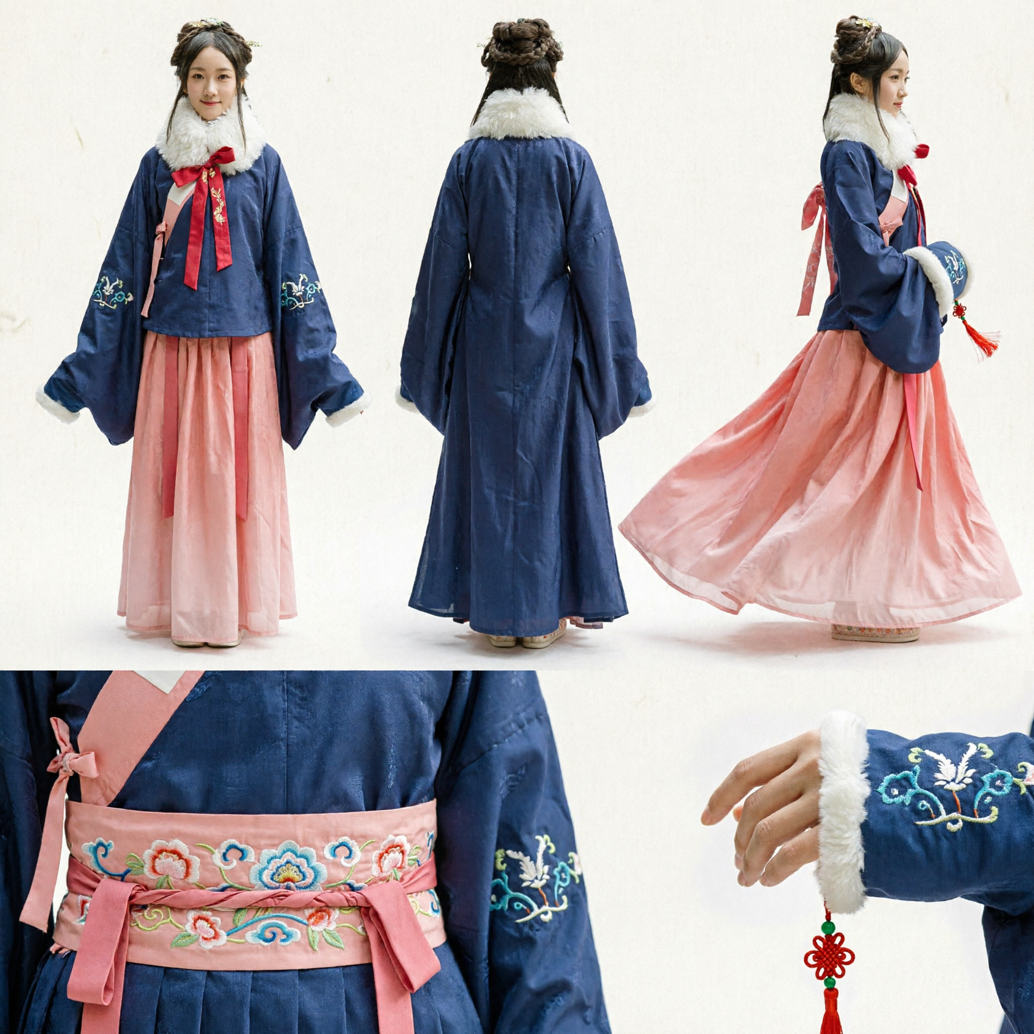 Traditional Chinese Ming Dynasty Hanfu for Women Winter Blue Fur Collar Jacket and Pink Skirt Ancient Costume Set - Asian Costume