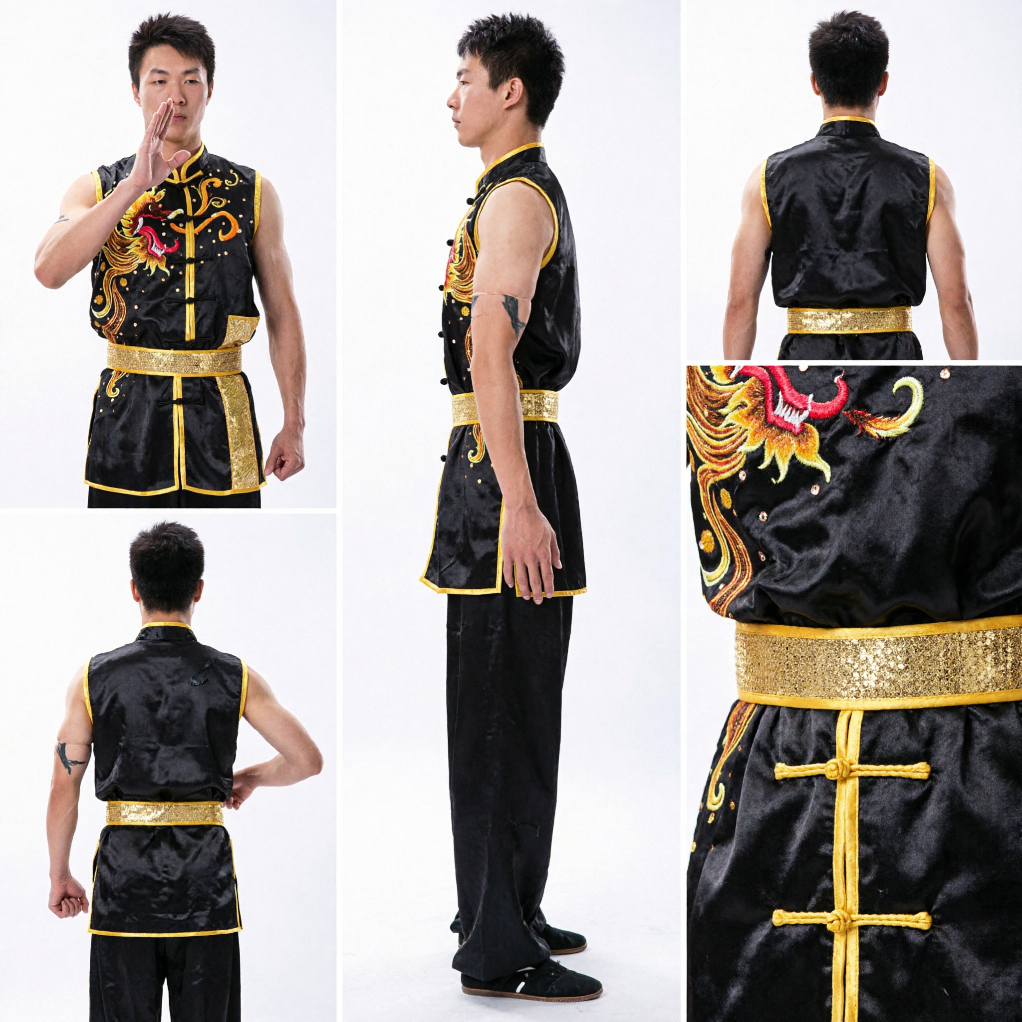 Men's Black Sleeveless Kung Fu Uniform with Gold Dragon Embroidery Traditional Wushu Martial Arts Competition Costume - Asian Costume