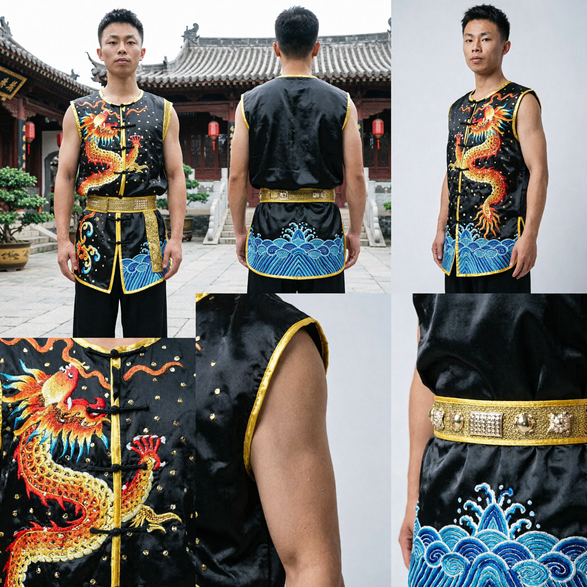 Men's Sleeveless Dragon Embroidery Kung Fu Uniform Traditional Chinese Wushu Martial Arts Competition Vest - Asian Costume