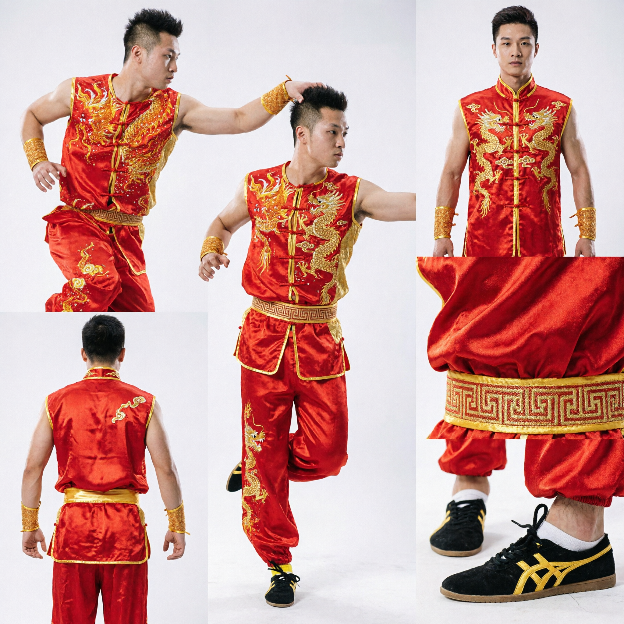 Professional Men's Red Wushu Kung Fu Uniform with Gold Dragon Embroidery for Martial Arts Competition Performance - Asian Costume