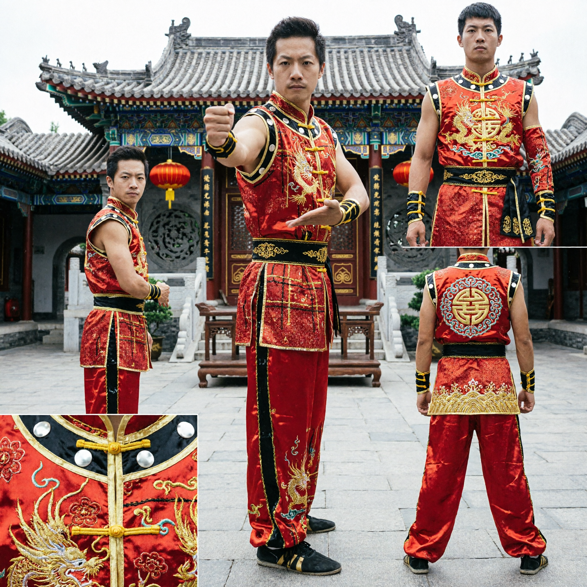 Men's Red Gold Plaid Wushu Uniform Kung Fu Martial Arts Competition Performance Costume Traditional Chinese Outfit - Asian Costume