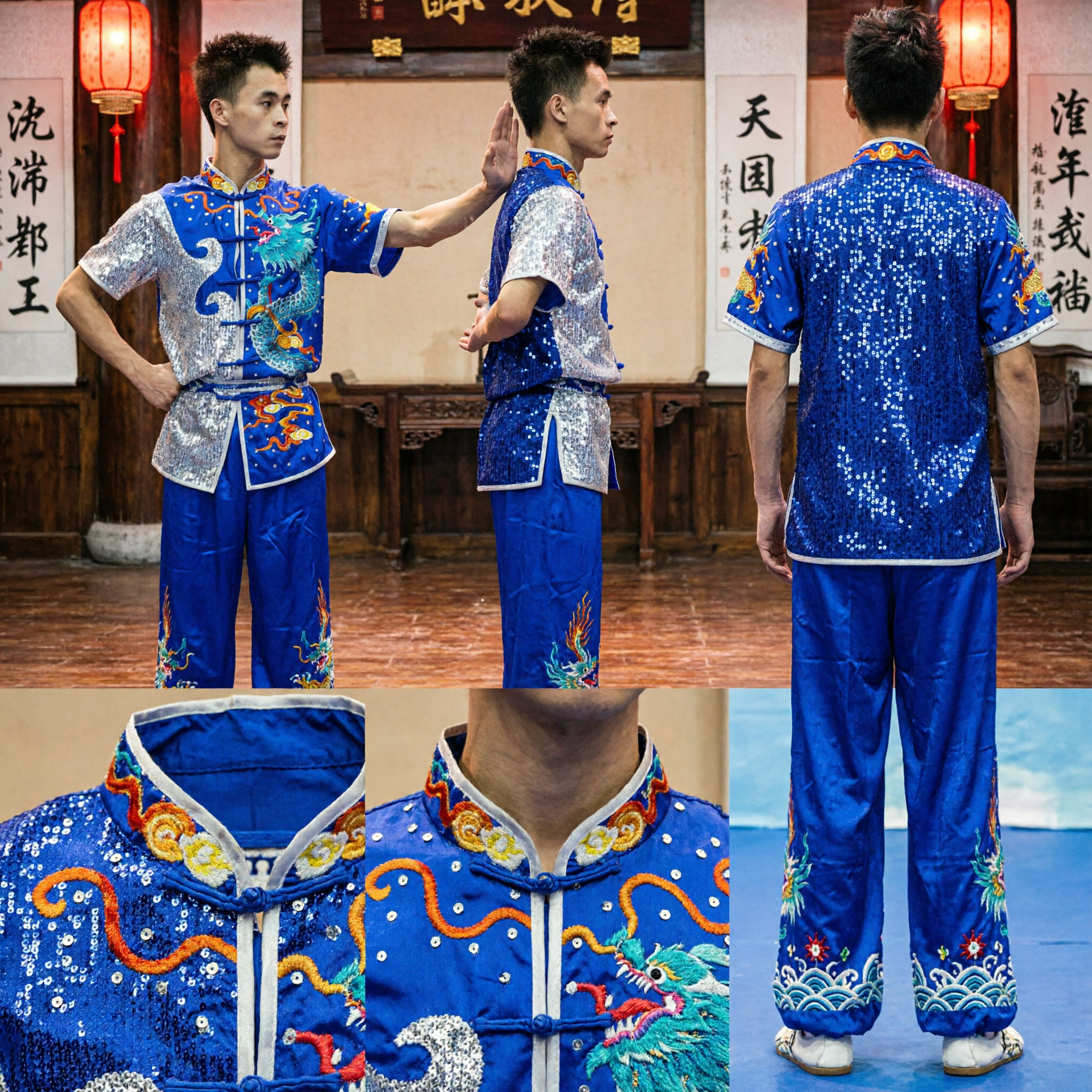 Men's Blue Dragon Embroidered Wushu Uniform Traditional Kung Fu Performance Costume for Martial Arts Competition and Training - Asian Costume