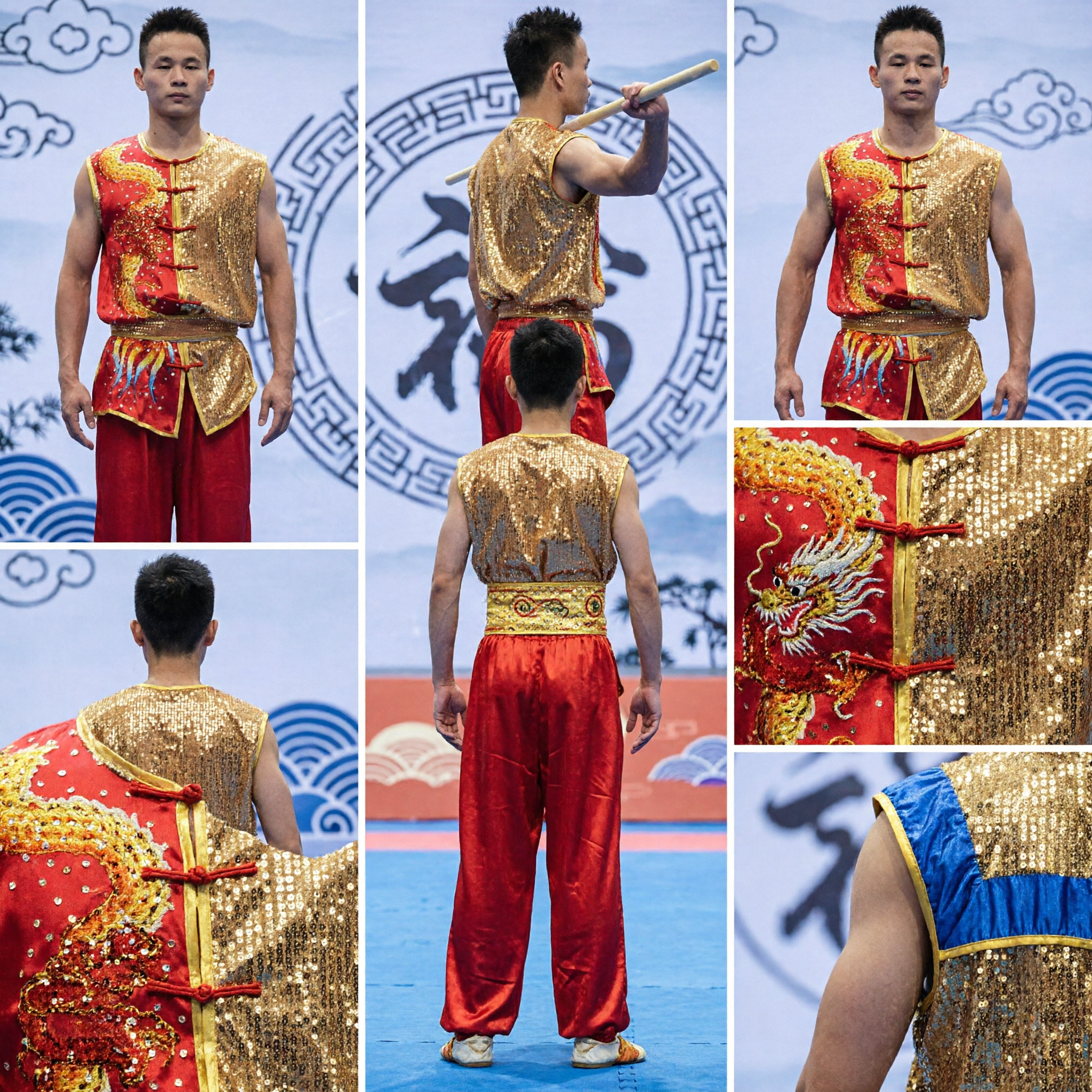 Men's Professional Wushu Changquan Uniform Red Gold Dragon Embroidery Sequin Kung Fu Competition Performance Costume - Asian Costume