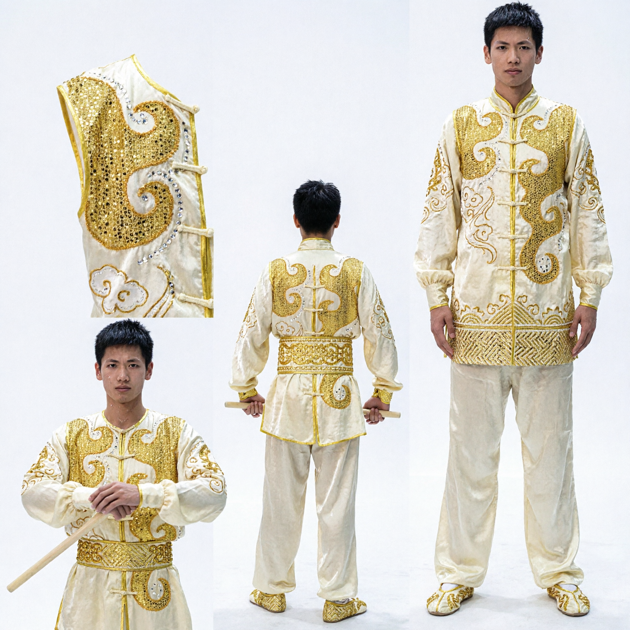 Men's Professional Sleeveless Wushu Kung Fu Uniform Gold Embroidered Traditional Chinese Martial Arts Competition Costume - Asian Costume