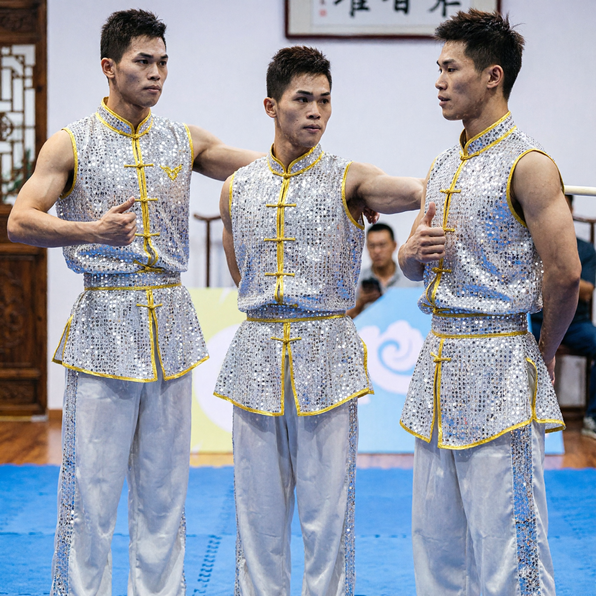 Men's Traditional Wushu Kung Fu Uniform Silver Sequin Sleeveless Top Competition Costume for Martial Arts Performance - Asian Costume