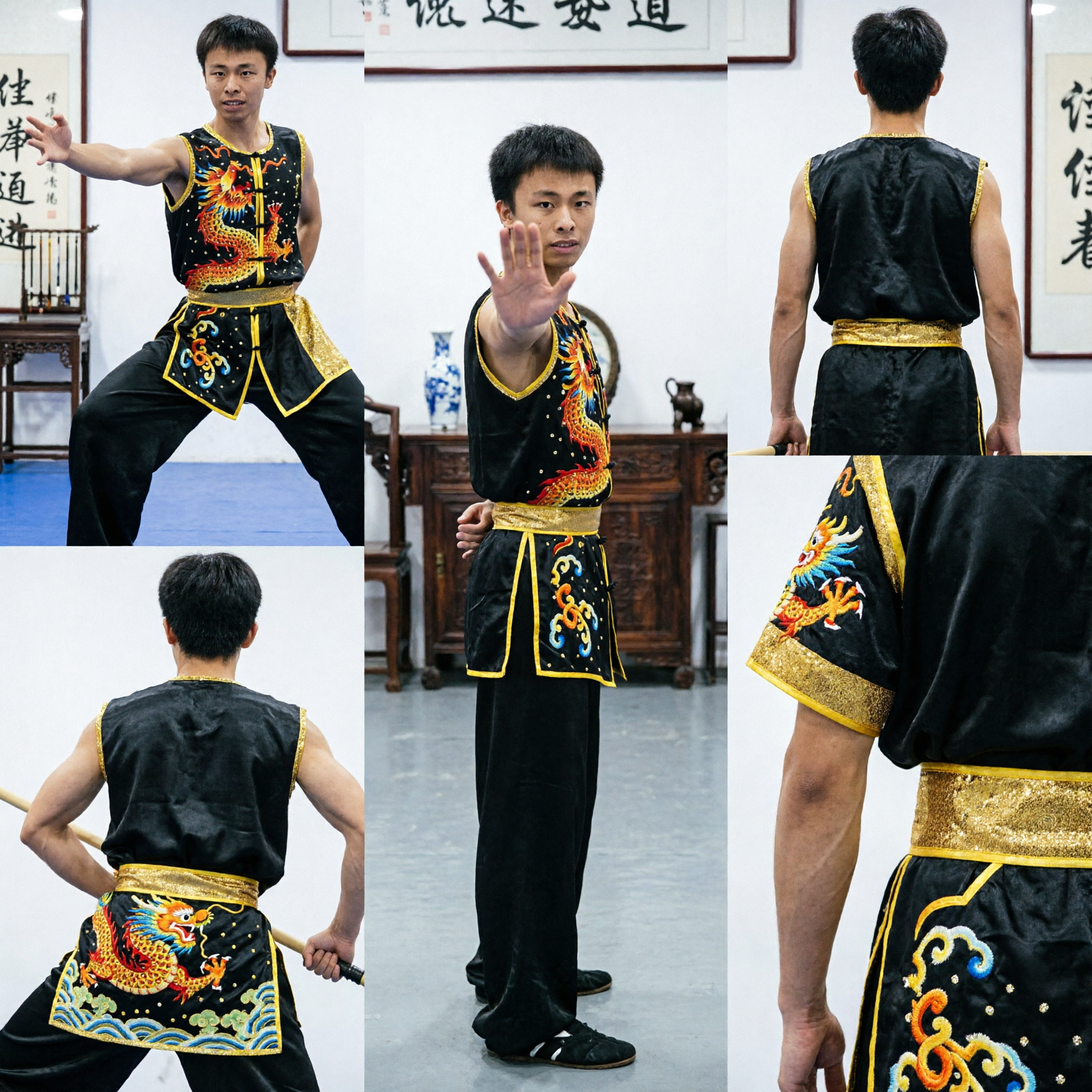 Men's Black Sleeveless Dragon Embroidered Wushu Kung Fu Uniform Traditional Martial Arts Competition Performance Costume - Asian Costume
